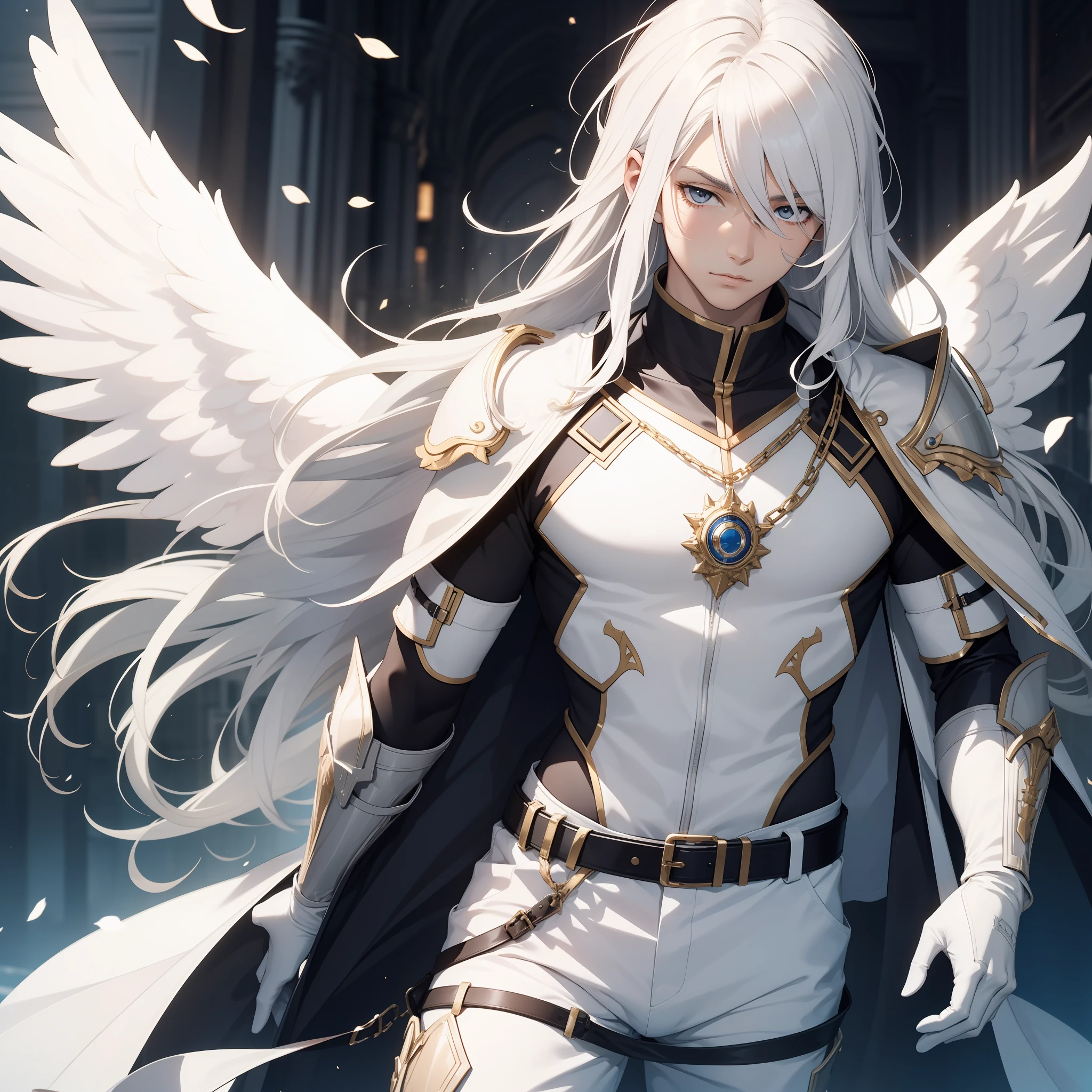solo male, white hair, long hair, grey eyes, white armor, angel wings, white pants, white gloves