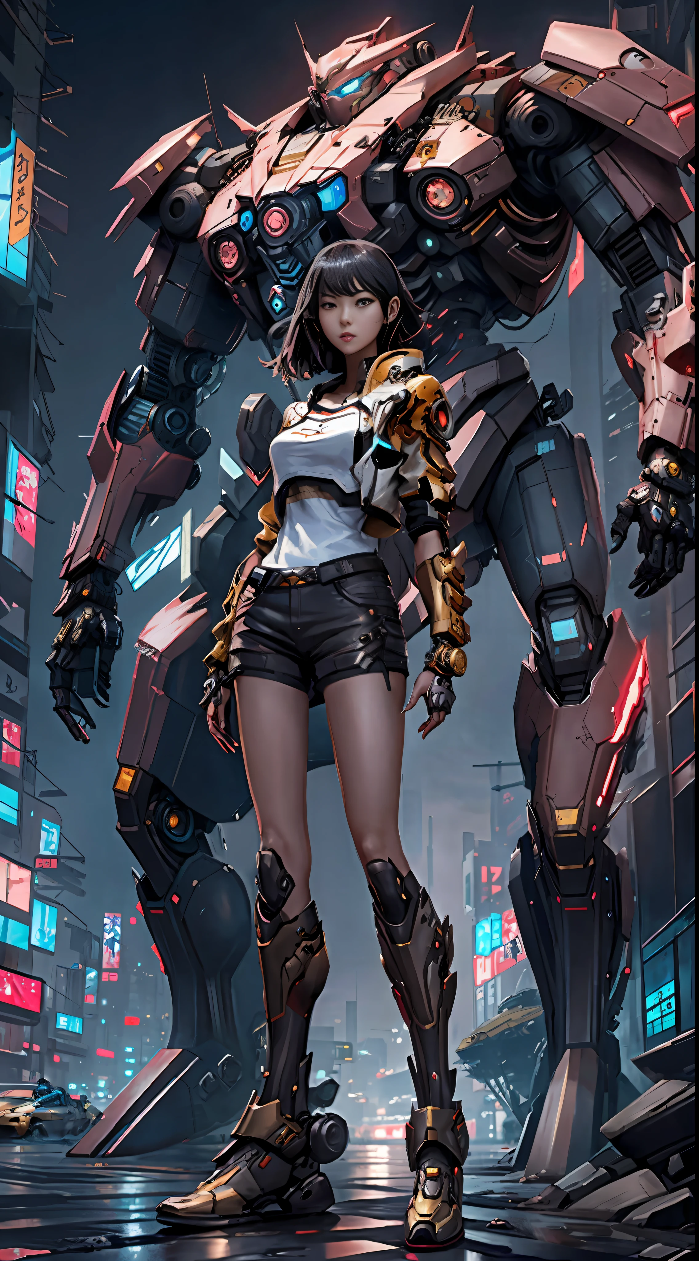 Boutique,best quality,Gold jewelry,(slip out feet),Fairy skin,(Fidelity :1.2),Standing,Super Detailed,realistic,High quality, Light,Ray tracking,Ultra HD,Upper body
Girl in shorts and jacket standing next to giant robot, Guweiz style artwork, CyberPunk mech, Trends on CGSTATION, Guweiz, Russell Dongjun Lu, digital cyberpunk anime art, Ross Tran 8 K, Guweiz on ArtStation Pixiv, Girl in mecha network armor