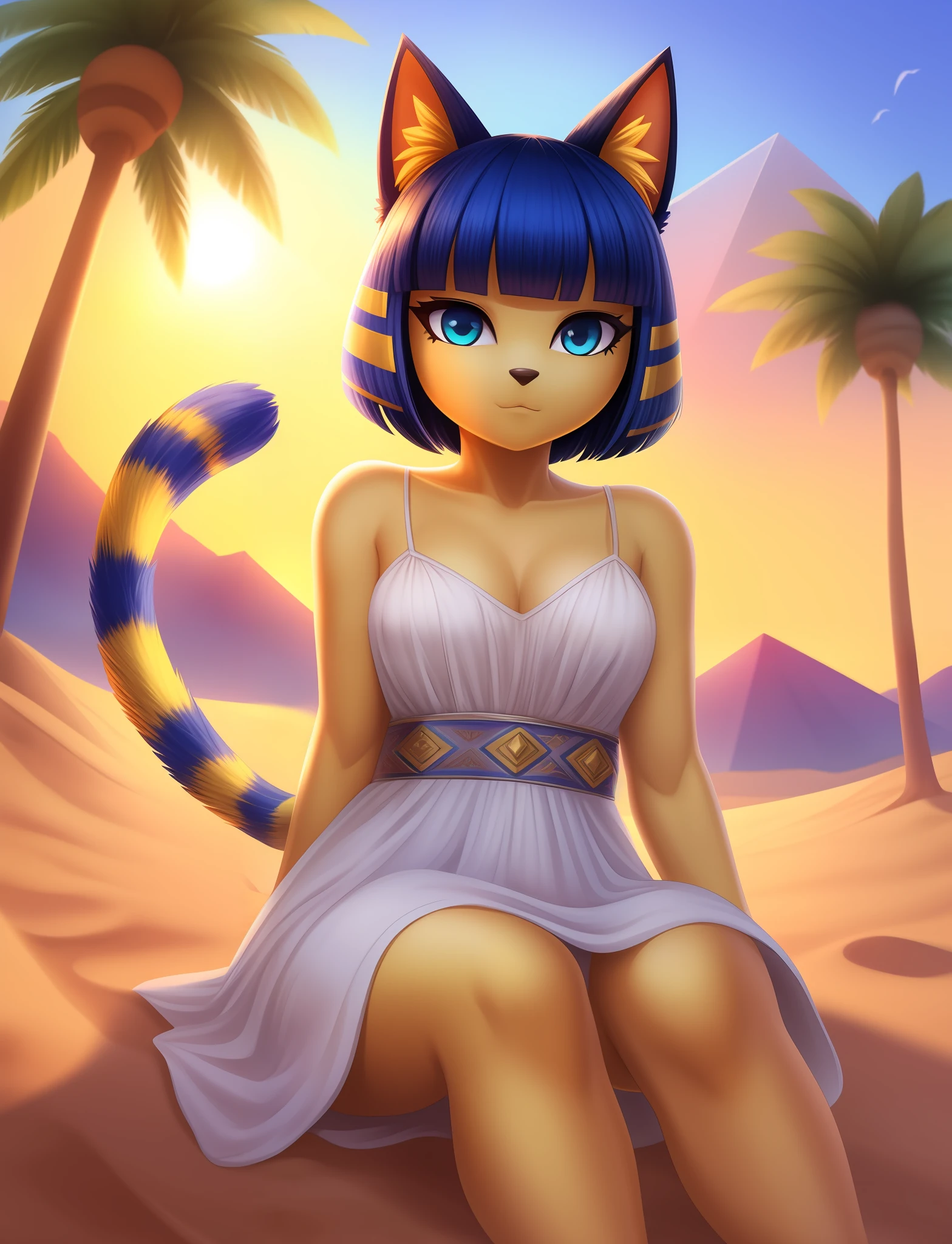 masterpiece, best quality, ultra-detailed, illustration, epic lighting, cinematic composition, 1girl, catgirl, ankha (animal crossing), yellow skin, cat tail, cat ears, short blue hair, bangs, white dress, sitting, (from below:1.1), cowboy shot, expressionless, (looking at viewer:1.1), outdoors, desert, sand, oasis, palm trees, river, pyramid, (8k:1.1)