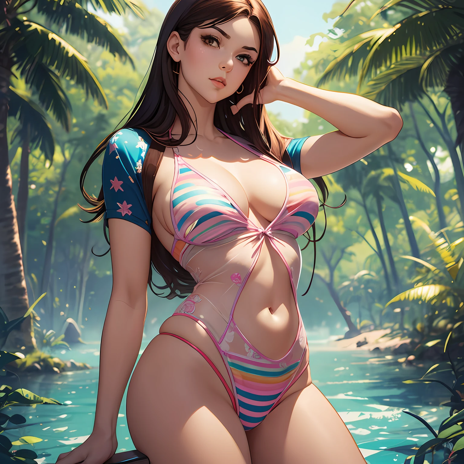 uma no lago, (arte de Jesper Ejsing | |:1.2)
In a surreal psychedelic couture fashion essay Trippy Stripy, Ultra sexy college student Flirty standing and full body with a transparent lagerie showing details of her intimate parts, camiseta apertada baby doll e uma mini saia de camisa, fotografia de retrato, no estilo do realismo, por artgerm, Milo manara and Norman Rockwell cartooncore mangacore glistening skin natural lighting bokeh effect