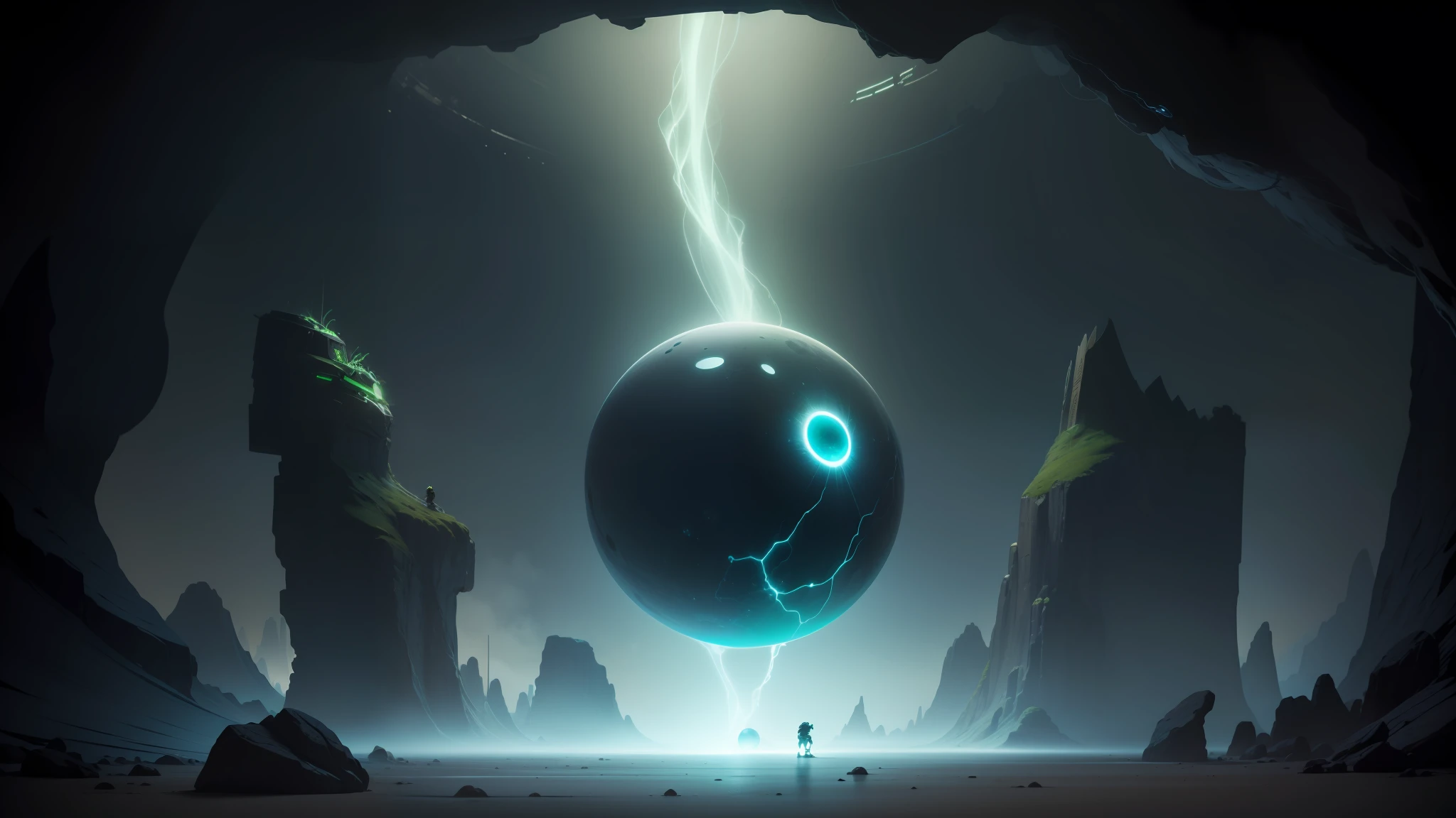 An ultra-realistic image of three sages in cybernetic armor, com um olhar misterioso, in a panoramic view of the same environment. In front of your hands, There is a floating hologram of a book that emanates a soft green light, with codes and symbols bouncing from it connecting with the sphere of light above --auto