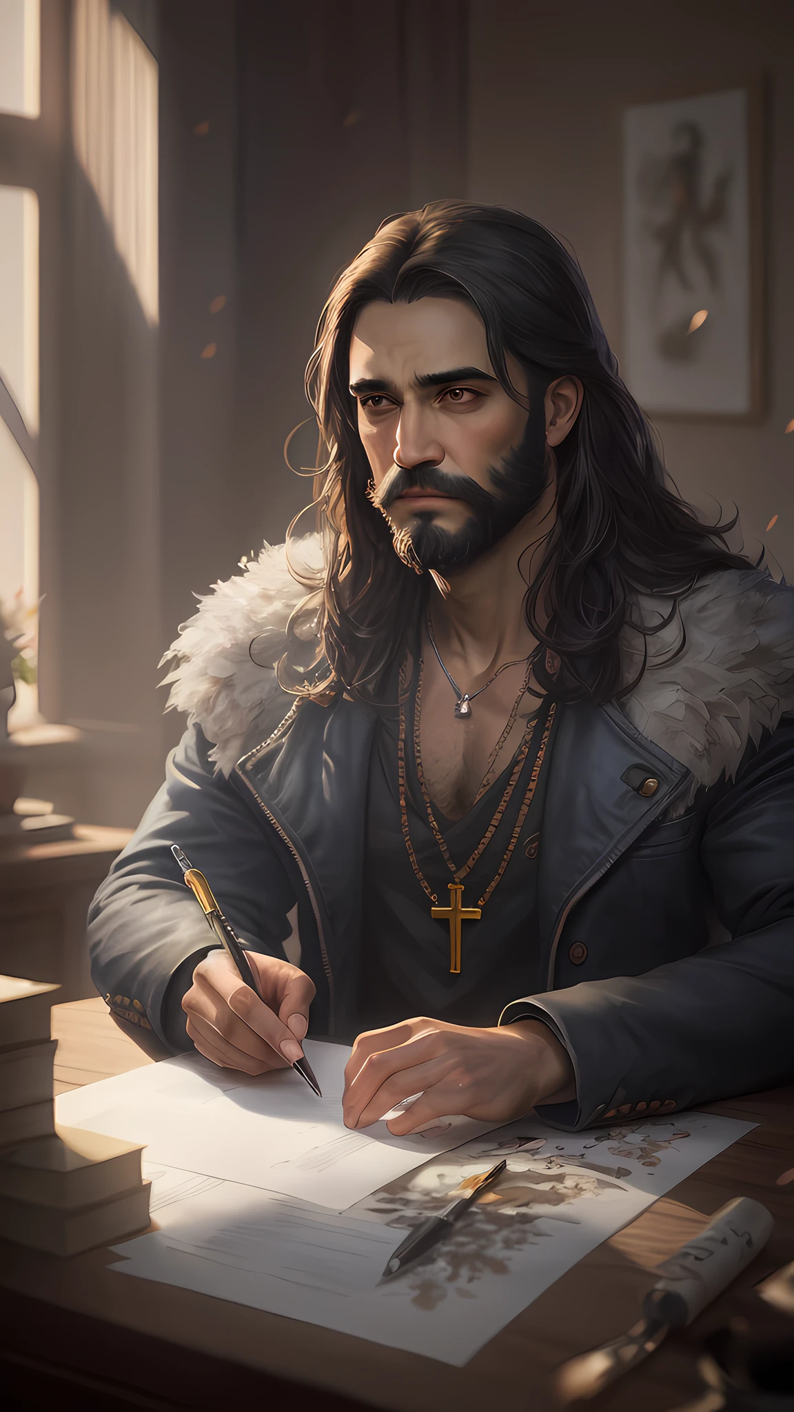 8k de Jesus cristo, with medium beard, (cabelos e barba castanhos escuros), obra-prima, melhor qualidade, alta qualidade, papel de parede 8k, fotografia premiada, HDR, bloom, chromatic aberration, fotorrealista, extremamente detalhado, intrincado, alto detalhe, dramatic, arte no meio da jornada, volumetric lighting, arte de artgerm e ruan jia e greg rutkowski pintura surreal (obra-prima, sidelighting, belos olhos finamente detalhados: 1.2 ), hdr, 8k, god ray