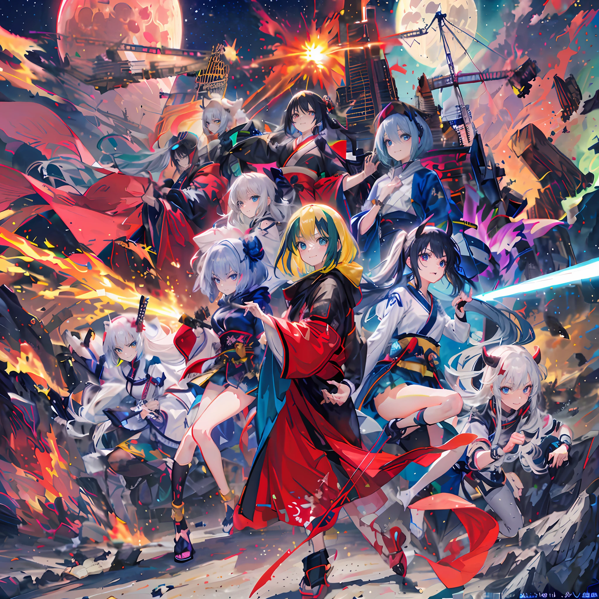 absolutely_Everyone,too many girls,month,night,Angry,smile,sleep,Happy,surprise,Red eyes,Blue eyes,Yellow eyes,Green eyes,small chest,pubic tattoo,Messy hair,Long hair,Silver hair,Blue hair,Yellow hair,Red hair,Green hair,Pink Hair,Blonde hair,hooded cloak,demon tail,Angel Girl,(Samurai,ninja,laser,beam,robot,big explosion,Aurora,skyscraper,desert, volcano,lunar eclipse,solar eclipse,rainbow,thunder:1.2),arafed picture of a group of anime characters posing for a picture, Kantai Collection Style, Anime Style. 8K, 2 d anime style, anime style 4 k, anime moe artstyle, ufotable art style, [ Digital Art ]!!, Anime! 4 k, Anime! 4 k, official artwork hdr, anime styled 3d