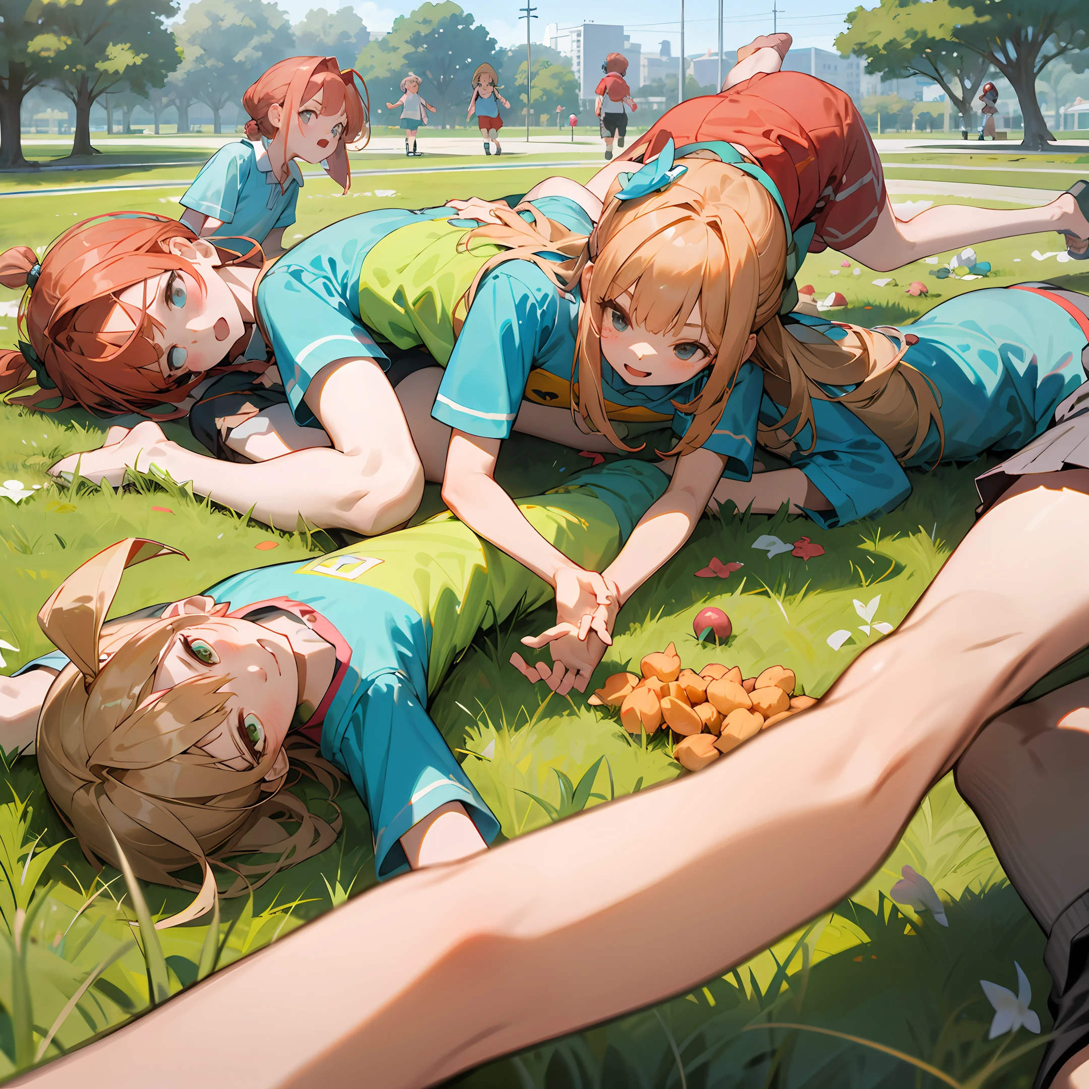 Several children playing on the grass of the park, algumas empinando pipas, algumas pulando corda, algumas correndo,