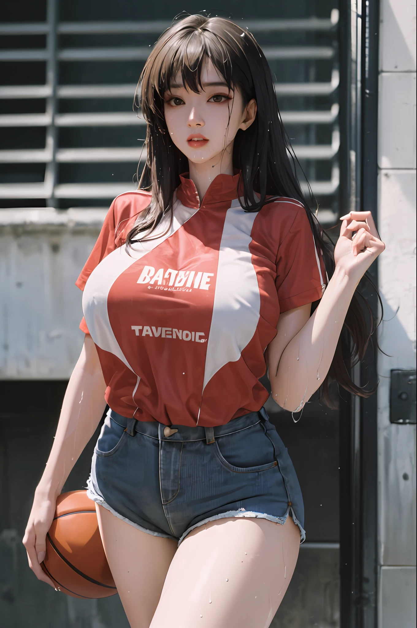 Masterpiece: 1.2, Best Quality), Realism, (Real Pictures, Intricate Details, Depth of Field), (1girl, Solo), Makeup, Lips Apart, High Detail, Perfect Face, (Huge Breasts: 1.4), (Skindentation), ((Slender Legs)), Wide Buttocks, Thin Waist, Tall, Coral Lips, Long Hair, Dark Eyes, ((Haruko Akagi, Red Basketball Suit, Denim Shorts)), (Sweating: 1.2), (Wet), Sexy, Blushing,