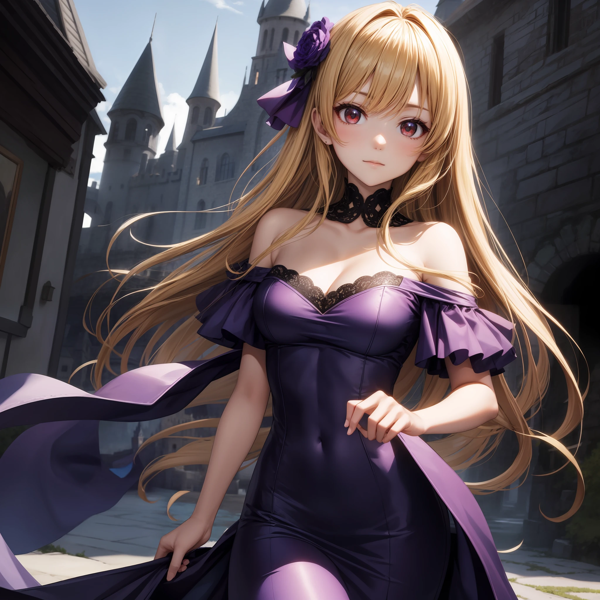 Anime、The girls、red-eyed、blond hair、Purple dress、1pple、solo、off-the-shoulder、Western castle in the background