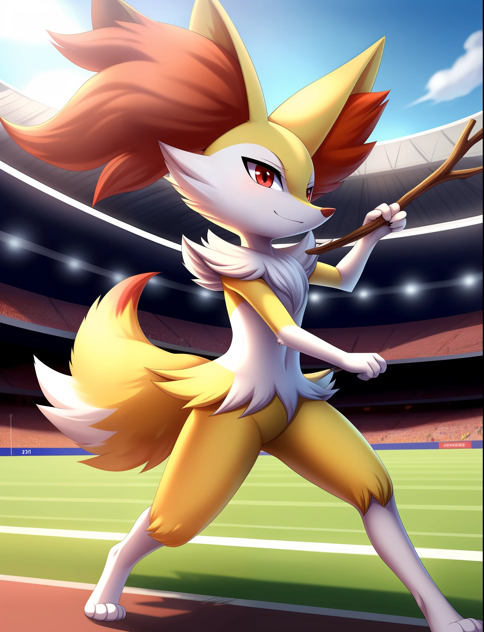 anime, 1girl, masterpiece, best quality, braixen, pokemon, yellow fox,  detailed, short muzzle, fluff ears, [red eyes], detailed eyes, outside, stadium, running, daylight, anatomically correct, stance, furry, stick, fluffy tail