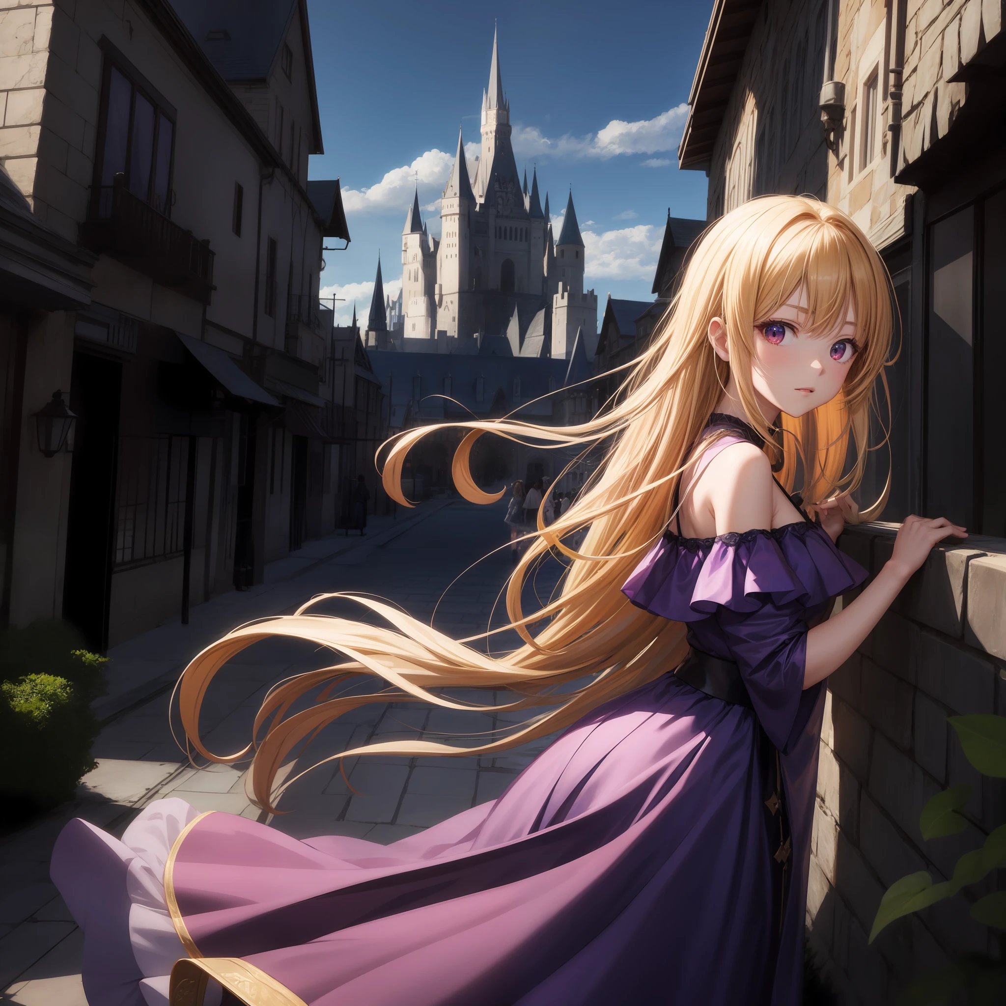 Anime、The girls、red-eyed、blond hair、Purple dress、１pple、solo、off-the-shoulder、Western castle in the background