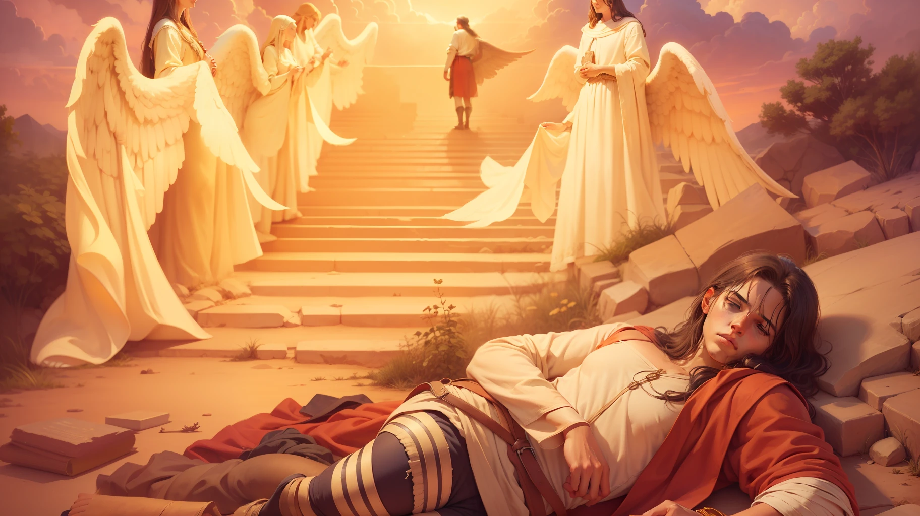 Jacob by the ladder of angels, bible illustration, epic biblical depiction, imagem super realista, cinematographic lighting, beautiful depiction, realistic, 4k, hdr