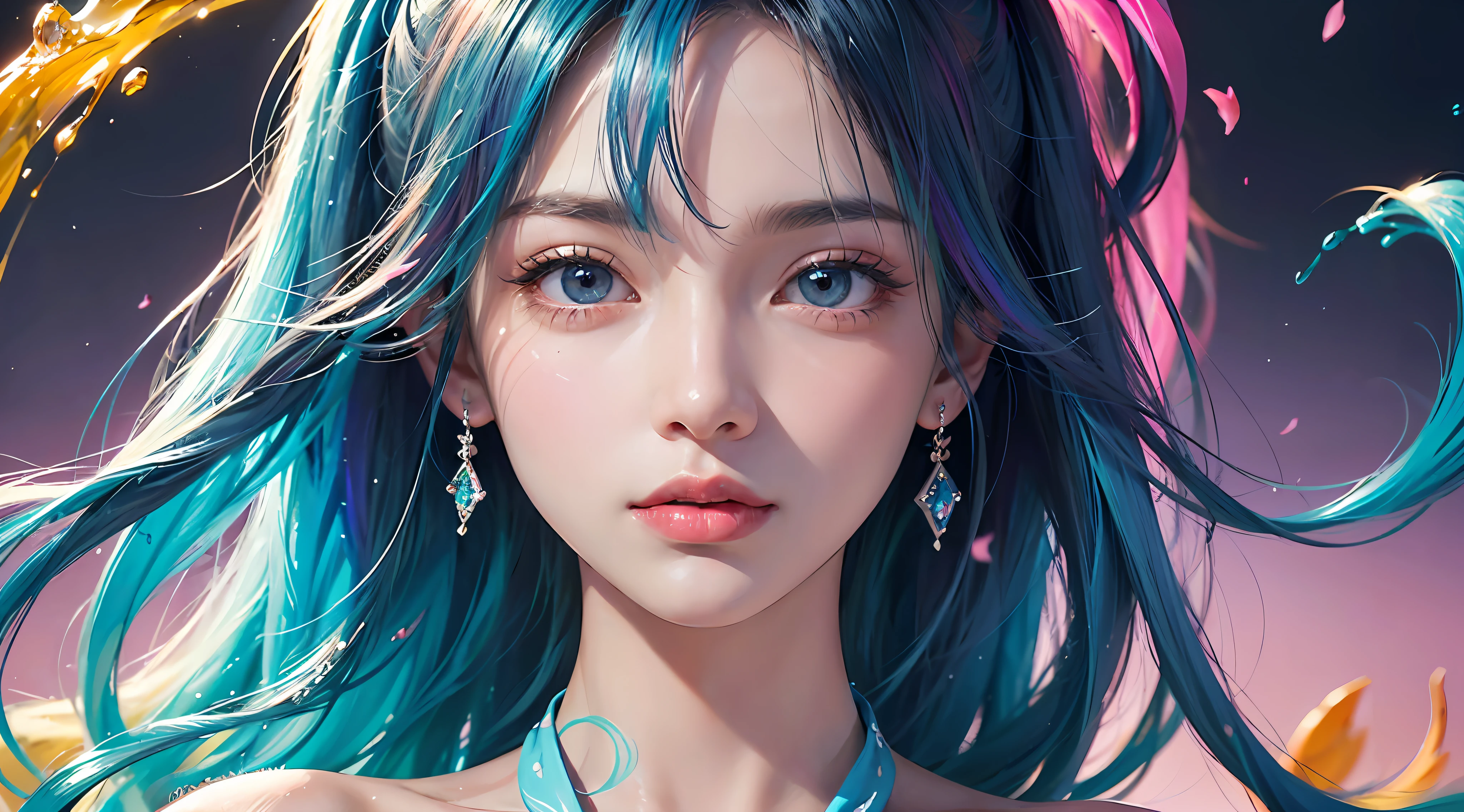 (Pink fashion T-shirt:1.9),(Colorful hair:1.8),(Rainbow all colors:1.8),((((Vertical painting:1.6))),(painterly:1.6),front facing,manga,illustration,painterly,huge eyes,Crystal clear,(Rainbow gradient high ponytail:1.7),Exquisite Makeup,Closed mouth,(Small freshness:1.5),(Bandeau:1.6),Long eyelashes,White shoulder T- shirt, White Shoulder Shirt,looking at viewers,Big watery eyes,(iridescent hair:1.6), Color splash, (solo:1.8), Color splash, color explosion, colour splash, color explosion, Thick lacquer style,Messy lines,((shiny)) ,(Colorful), (Colorful), (Colorful), Colorful, Thick Paint Style, (splashing) (Color splash), Vertical painting, Upper body, Paint Splash, Acrylic Pigment, Gradient, paint, Highest image quality, Highest image quality, Masterpiece, solo, Depth of field, face paint, Colorful clothes, (elegence: 1.2), flowery, long long hair, windy, (elegence: 1.3), (petals: 1.4),(((Masterpiece))),(((the best quality t))),((hyper detailed)),(illustartion),(dynamicangle),((floating)),(paint),((Loose hair)),(solo),(1girls) , (( (Detailed anima face))),((Beautiful detailed face)),collars,naked shoulders,hakuhatsu,((Colored hair)),((streaked hair)),Beautiful detailed eyes,(Gradient eyes),(( (Colored eyes))),(((Colored background))),(((High saturation))),(((Surrounded by colorful splashes))),Medium view,Upper Bust,(((Professional model))),