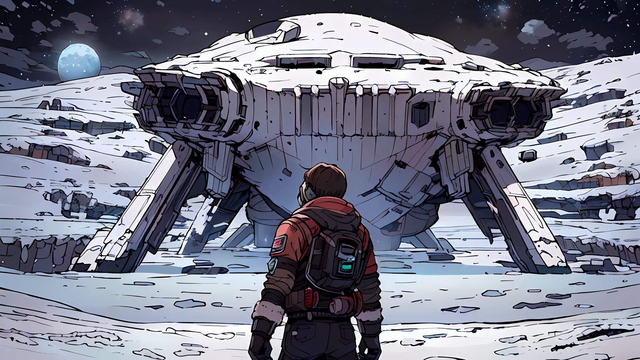 ((solo, 1boy, space mercenary)), damaged armor, (((ice planet, snowy, mountains, atmosphere, dark lighting, cloudy))), (frozen corpses), Deep Sky Derelicts