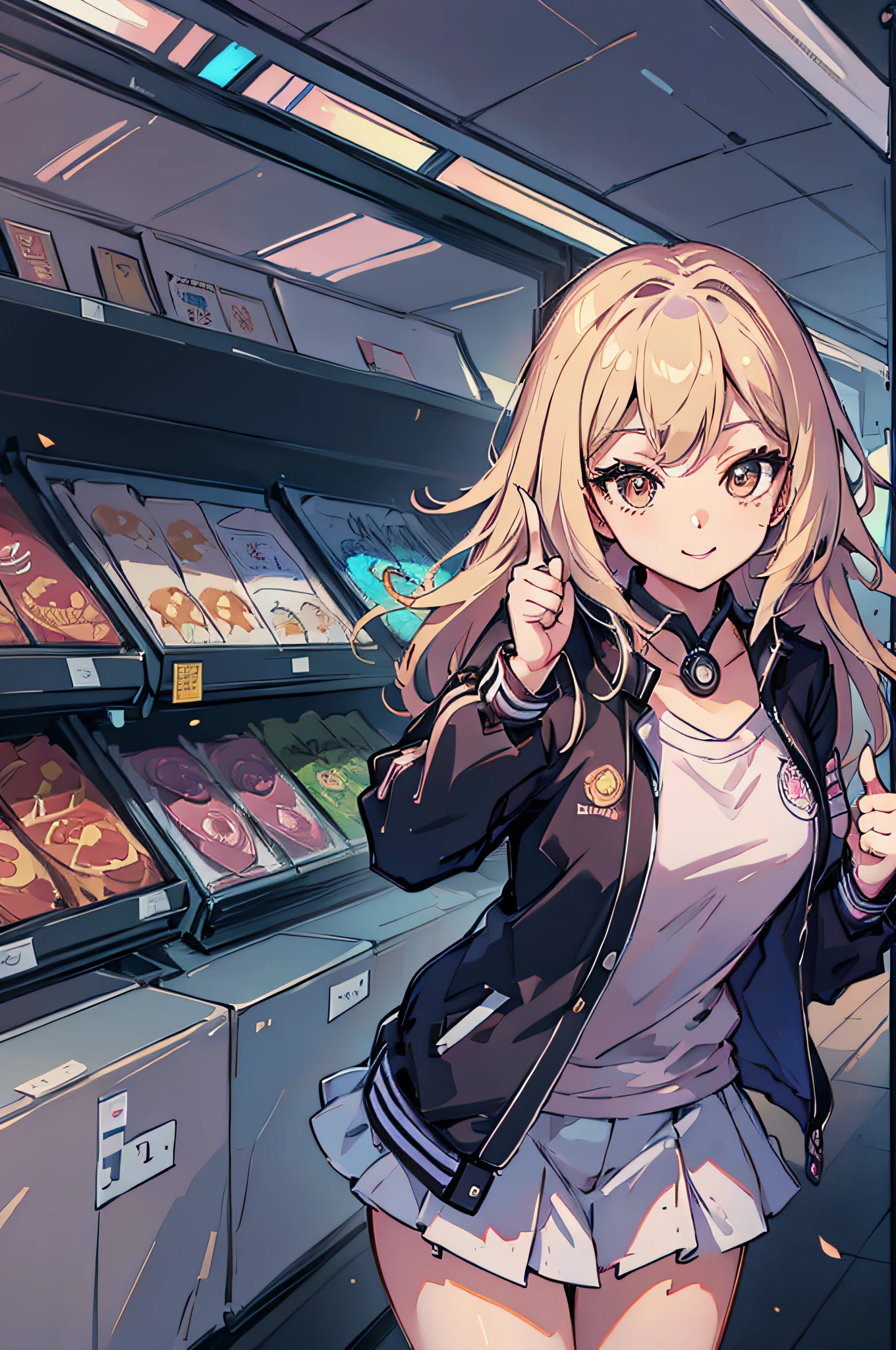 anime girl, blonde hair, brown eyes, competitive smile, varsity jacket, thumbs up pose, crouch pose, supermarket background