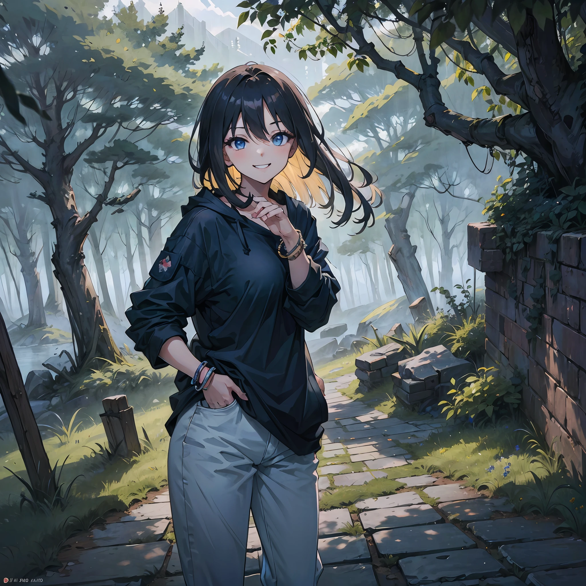 pretty cowgirl sitting on bricks, (1girl:1.3), Bangs, absurdres, bracelet, bare shoulder, ( black t-shirts + white parka +dark navy jeans),ultra- detailed, Blue Eyes,Slender, masterful technique, joints, Long hair, animetic, solo, Dark hair, High Quality, masterpiece,detailed dimly lit forest、Gray sky、mist、(lovely large breasts + wide hip),[wide hip] Put your hands in your pockets ,smile with teeth, ((smile with eyes, winked)),Beautiful girl, Detail Face, detail hands, ultra detail eyes,sexy facial expression,around birds and vivid flowers. --auto
