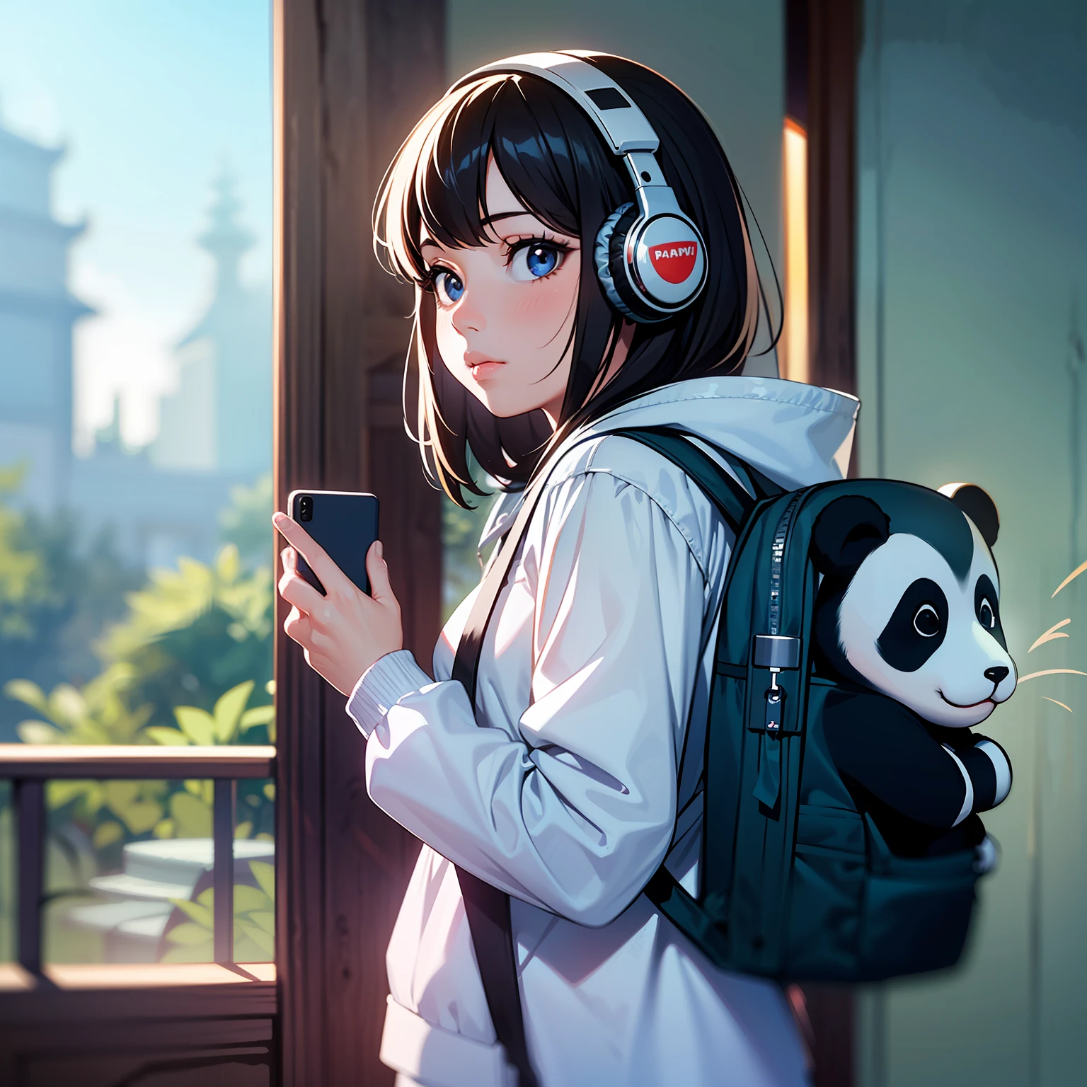 (a cute girl at the zoo, taking a picture of baby panda), backpack, large headphones, (Masterpiece, Best Quality, Highly Detailed), HDR, high dynamic range, sharpness, octane render, realistic, high contrast, disney, pixar