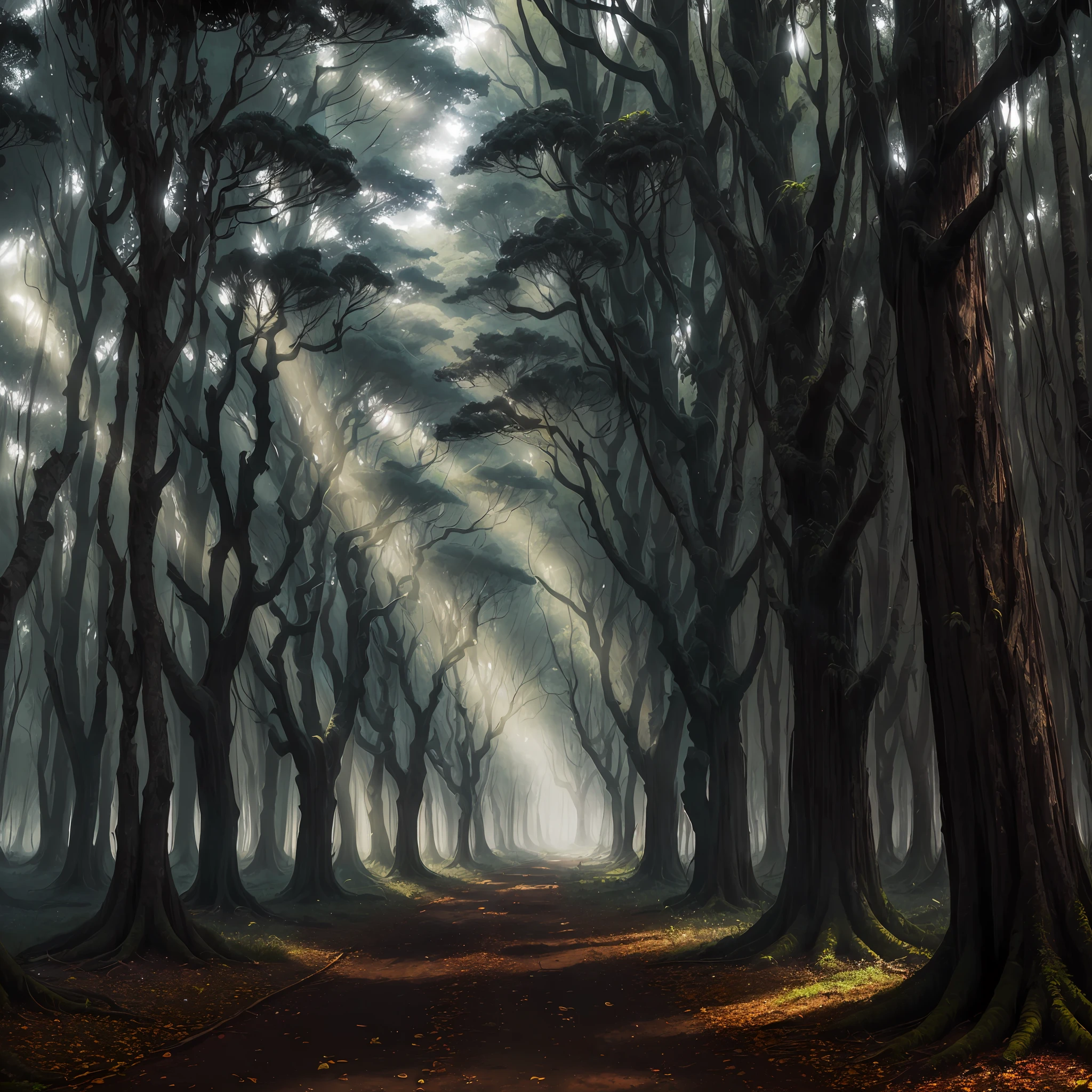 (extremamente detalhada CG em preto e branco wallpaper, obra-prima, melhor qualidade, delicada e bela,) flutuando, floresta, dramatic contrast, sombras intensas, pouca luz, atmosfera misteriosa, nevoeiro, silence, Tall trees --auto
