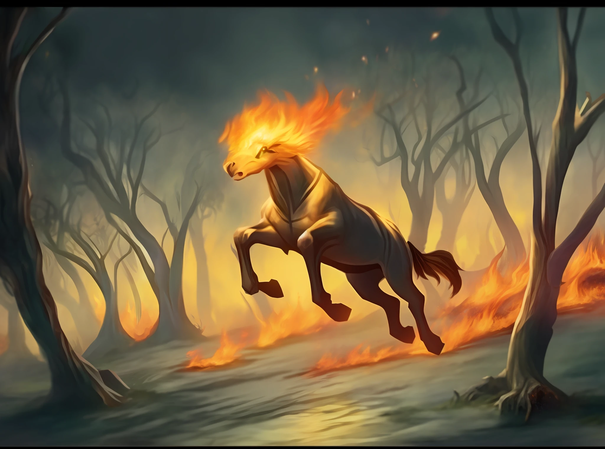 pintura de um cavalo correndo por uma floresta com uma bola de fogo na boca, Cavalo Centauro, mythical creature, Mythical creatures, Sleipnir, ghost of the fire spirit, fire and flames mane, Centauro, Centauro, mitologia grega, Centauroo macho Centauroo quimera, A mythical creature, magic the gathering art style, fires!! hiper-realista