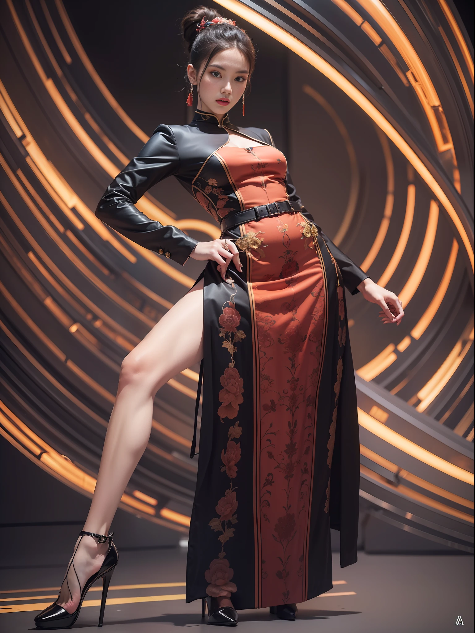 A high-fashion, full body shot of a stunning model garbed in futuristic Prada with hints of Chinese Kung Fu uniform details. The model is performing an action-packed pose on a Panorama painting styled set. Medium: Dazed & Confused, by Miles Aldridge.  --ar 4:5 50 --style raw --s 2
