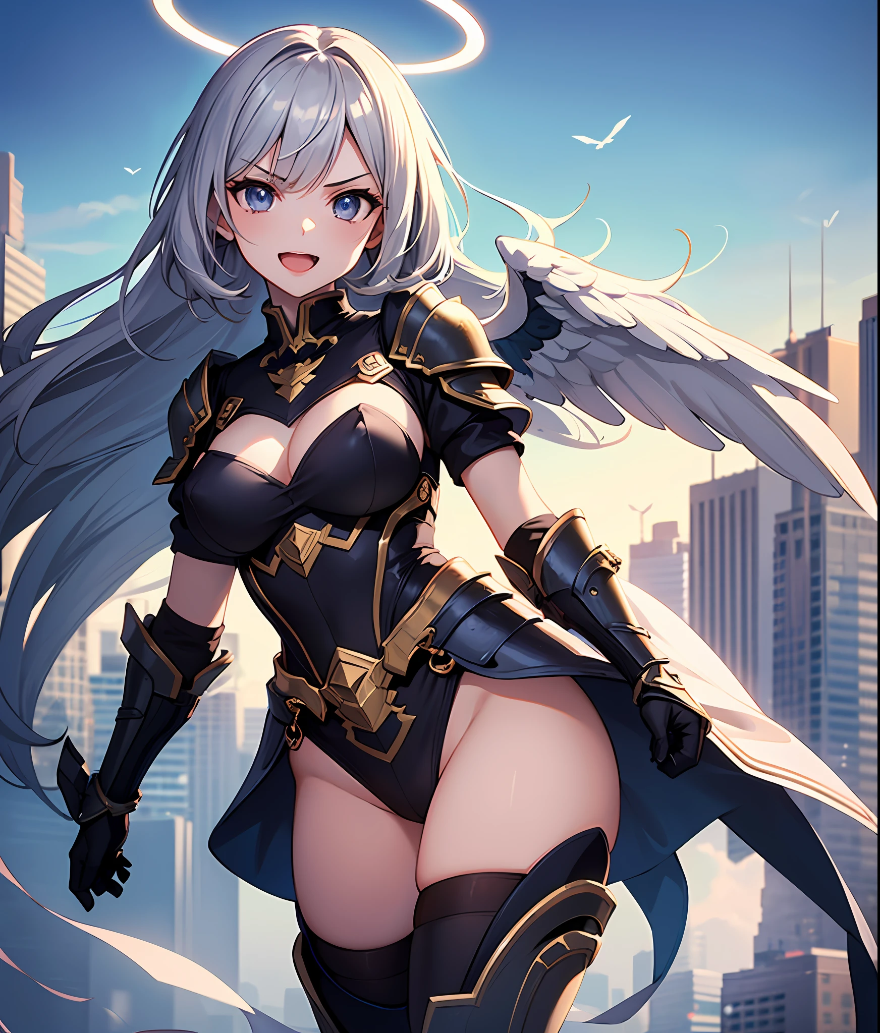 fantasy, 1angel_girl,child, loli,dark_color_hair, medium_bob_hair, long_bangs, halo,bare_shoulder,thighhighs,silver_armor, waist_armor, large_breasts,angry,smile,open_mouth1pair_wings, dynamic_ pose_fighting,floating, bare_crotch, covered_nipples, covered_pussy,headgear,gauntlet, greaves, pelvic_curtain, city_sky_background,slightly_spread_legs, solo, groin_naked,(masterpiece, best quality, best quality, official art, beautiful and aesthetic:1.2), (1 girl), very detailed,