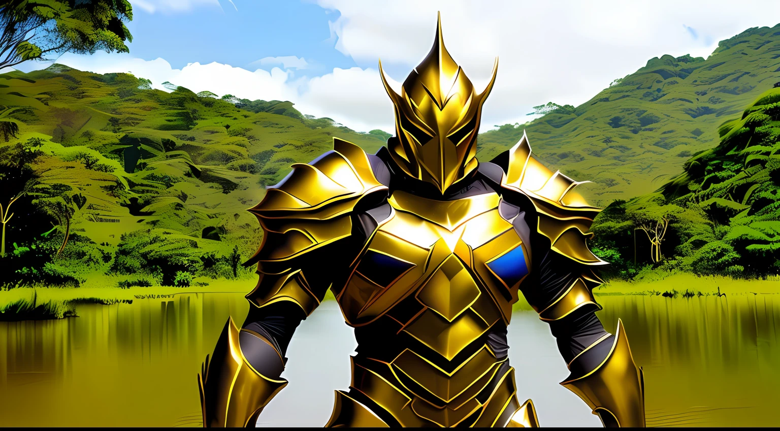 A villain with chrome armor adorned with gold details, which reflect the vibrant colors of the Brazilian flag. Its eyes glow an intense green, and its menacing presence evokes the majesty of the Amazon rainforest.