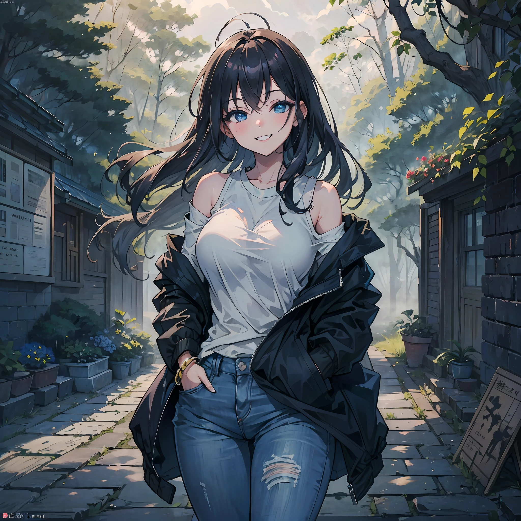 pretty cowgirl sitting on bricks, (1girl:1.3), Bangs, absurdres, bracelet, bare shoulder, ( black t-shirts + white parka +dark navy jeans),ultra- detailed, Blue Eyes,Slender, masterful technique, joints, Long hair, animetic, solo, Dark hair, High Quality, masterpiece,detailed dimly lit forest、Gray sky、mist、(lovely large breasts + wide hip),[wide hip] Put your hands in your pockets ,smile with teeth, ((smile with eyes, winked)),Beautiful girl, Detail Face, detail hands, ultra detail eyes,sexy facial expression,around birds and vivid flowers. --auto