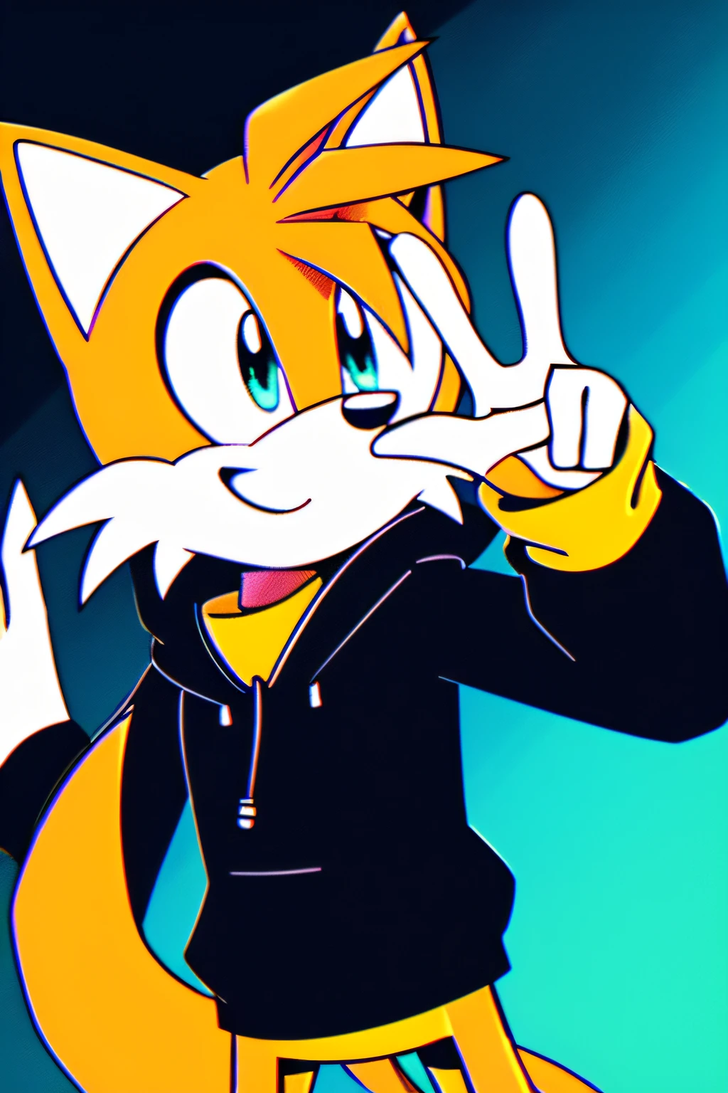 Tails "Miles" Prower, happy, black hoodie, orange hair, mobian, masterpiece, 4k, peace sign with hand, peace sign, only one hand lifted,