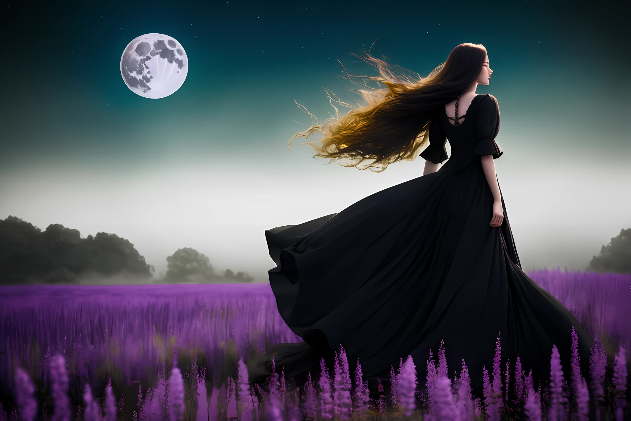 A woman with flowing hair long dress moving with the wind with a mysterious golden atmosphere gothic shades of black and purple full moon in the sky purple flowers hyper realistic great quality well detailed masterpiece intricate depth field 1:4 horizon mist cinematic image special effects absurdly realistic mysterious magical gothic enigmatic