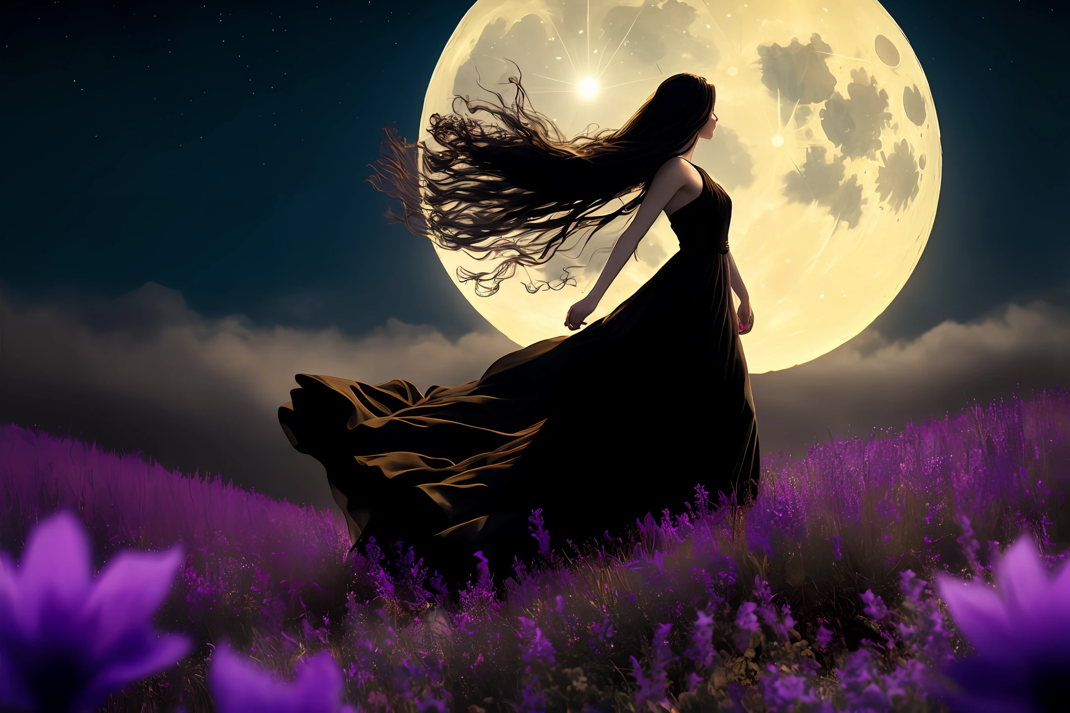 A woman with flowing hair long dress moving with the wind with a mysterious golden atmosphere gothic shades of black and purple full moon in the sky purple flowers hyper realistic great quality well detailed masterpiece intricate depth field 1:4 horizon mist cinematic image special effects absurdly realistic mysterious magical gothic enigmatic