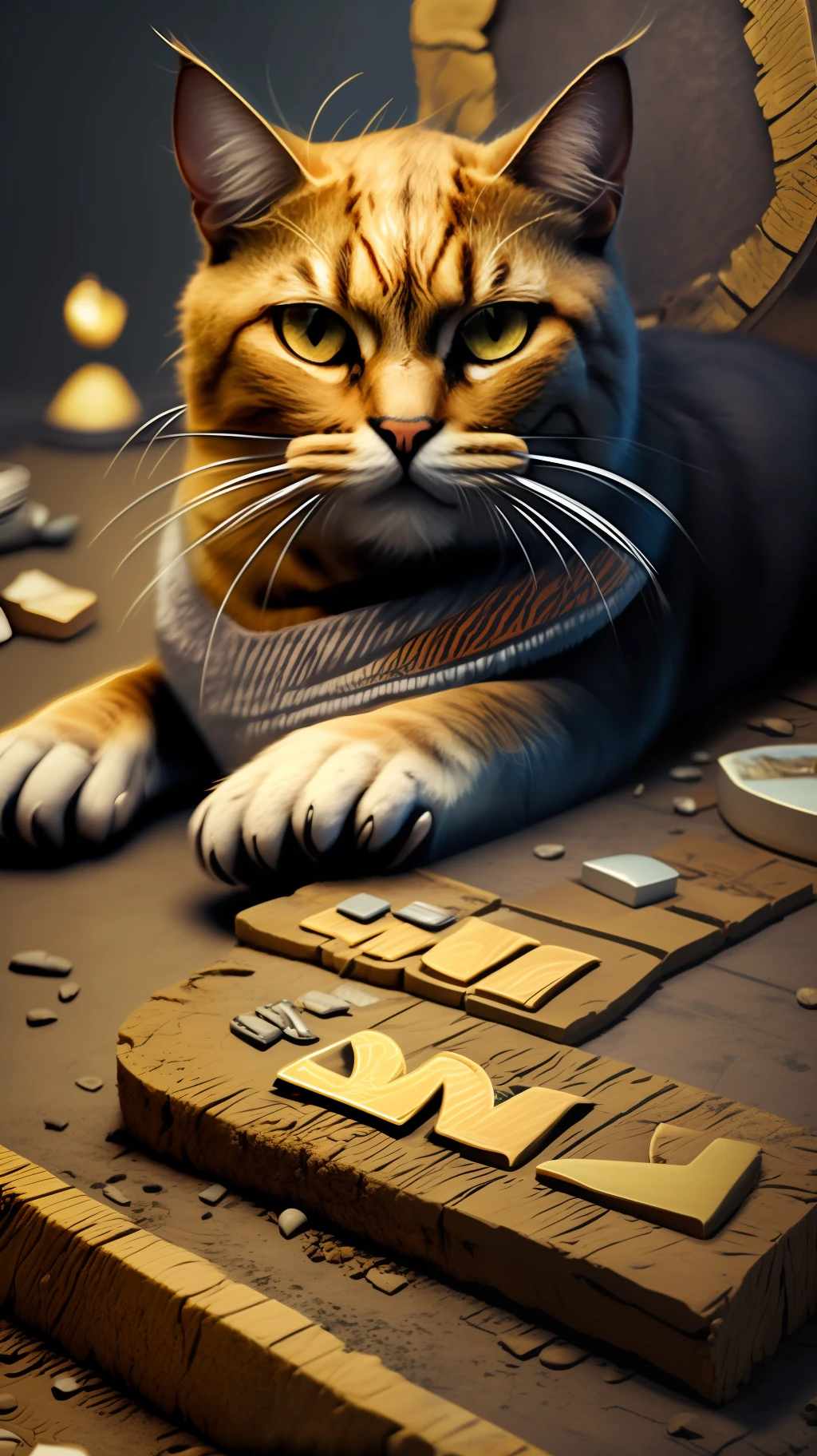 "Um gato humanoide sentado em frente a uma mesa de trabalho."