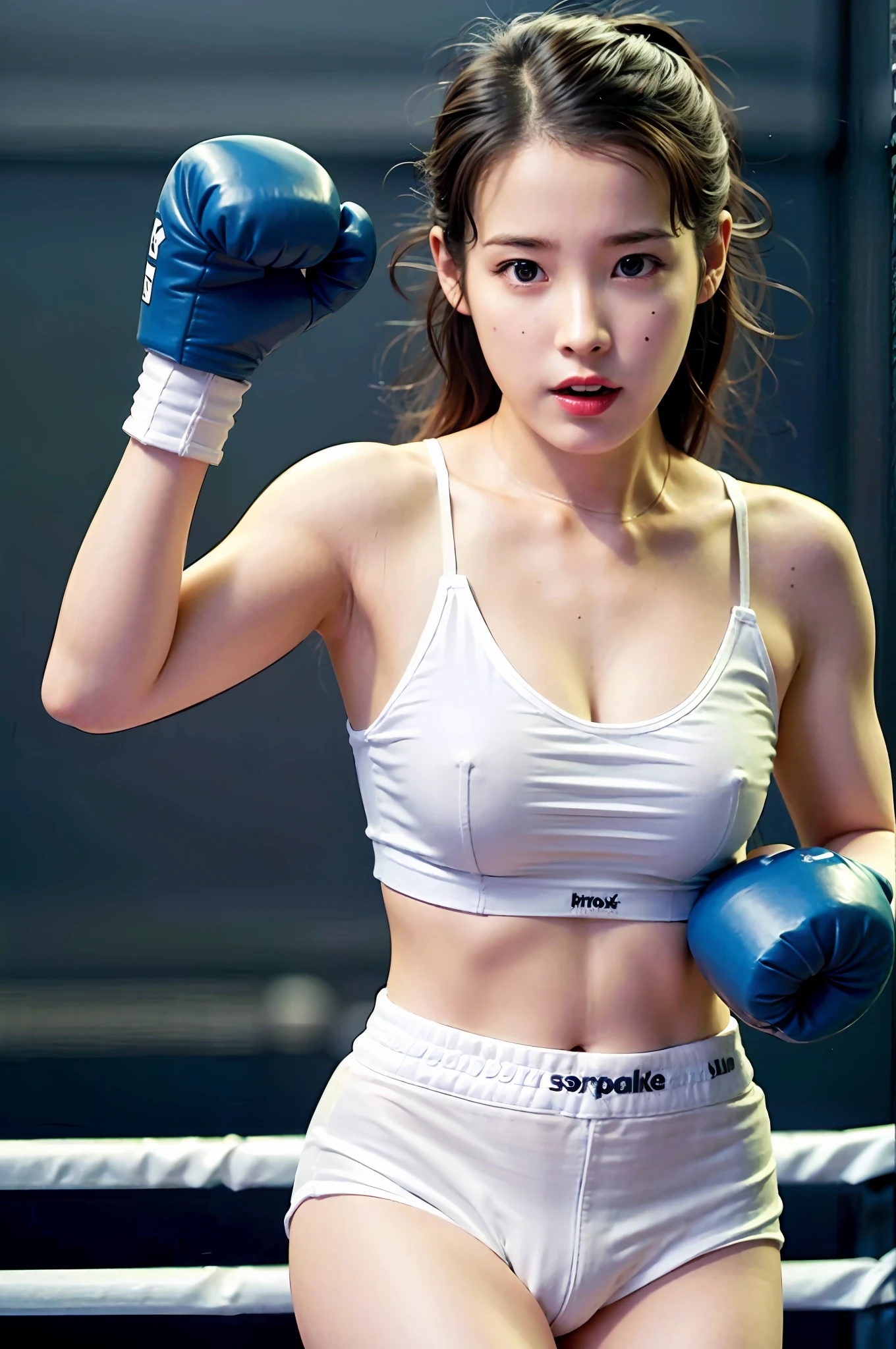 (REALISTIC:1.2), 18yo Girl boxer in a boxing arena, fighting_pose, (boxing_gloves), (Day Light), iu1