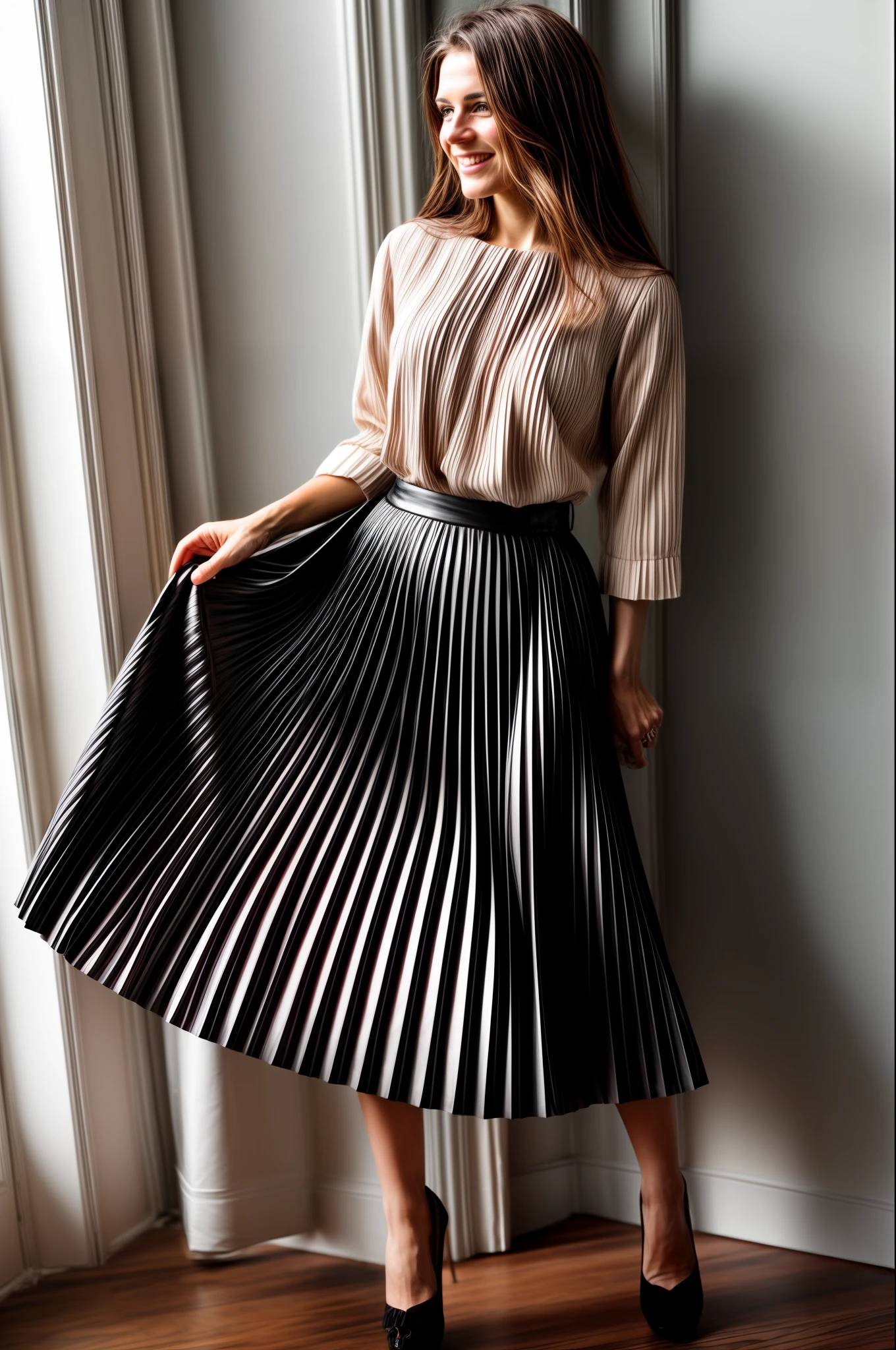 authentic (very shy smiling) good woman wearing a short blazer with a very very detailed (long (fully pleated) full circle skirt) and (simple) low heeled office shoes, very very intricate hyper-detailed symmetric (attractive graceful young feminine face) with (sad, tired eyes and shy smile:1,8), full of empathy and compassion and love, (pronounced (feminine) features), (highly detailed ultra accurate realistic) hands and fingers, (windy conditions and wind blowing), epic composition, highly detailed attributes, highly detailed atmosphere, (35mm f1.4 Kodak portra 400 photograph), extremely high quality RAW photograph, intricate, Exquisite details and textures,