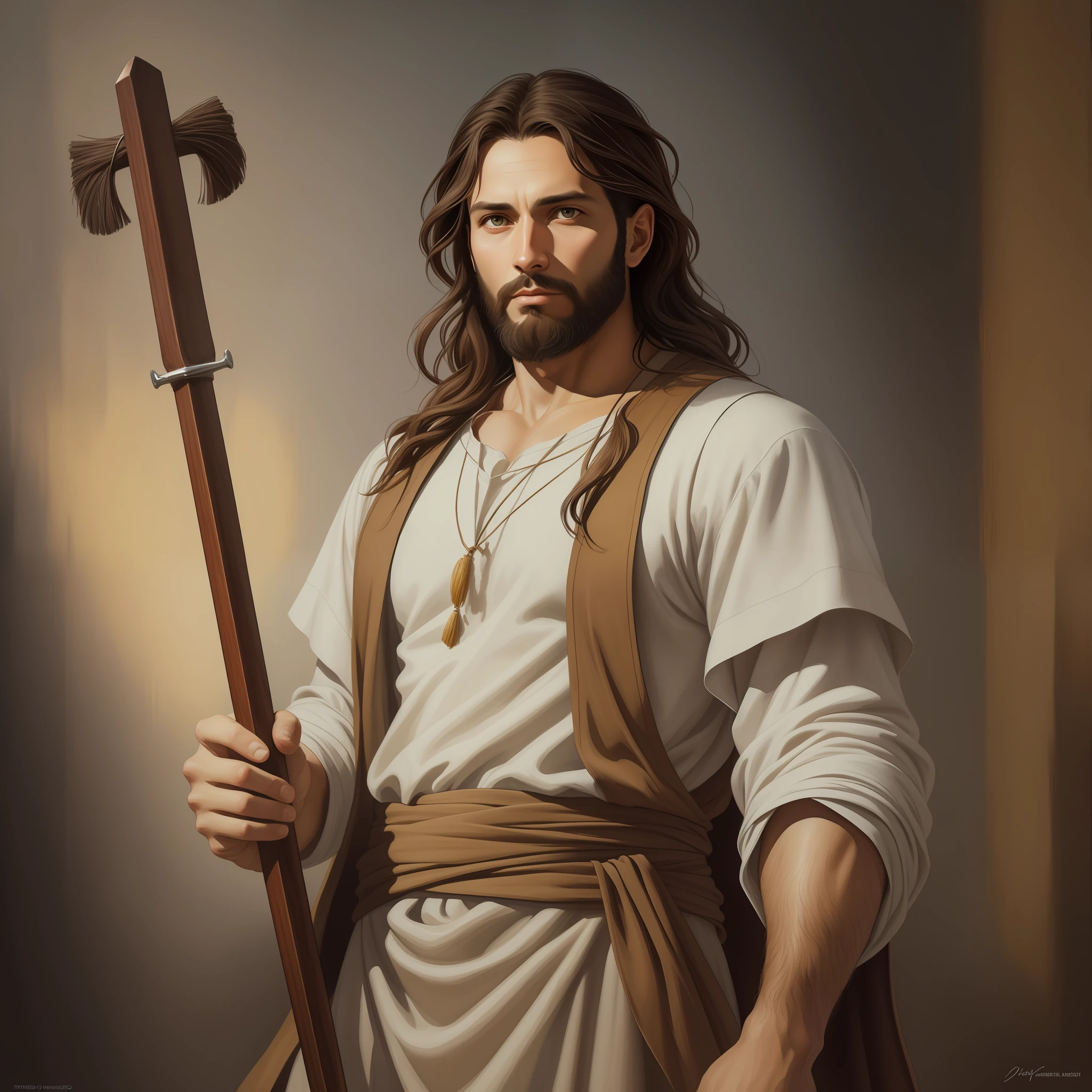 A beautiful ultra-thin realistic portrait of Jesus, the prophet, a man 33 years old Hebrew brunette, short brown hair, long brown beard, with staff in hand, wearing long linen tunic closed on the chest part, in front view, full body, biblical, realistic,by Diego Velázquez,Peter Paul Rubens,Rembrandt,Alex Ross,8k, Concept Art, PhotoRealistic, Realistic, Illustration, Oil Painting, Surrealism, HyperRealistic, brush brushes, Digital art, style, watercolor