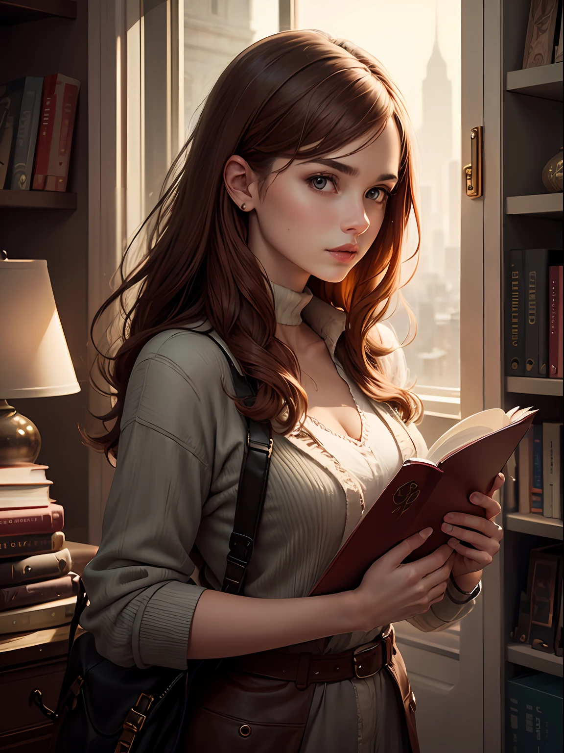 a portrait of a young woman with red-brown hair holding a book, cover art, artwork by Alastair Reynolds
