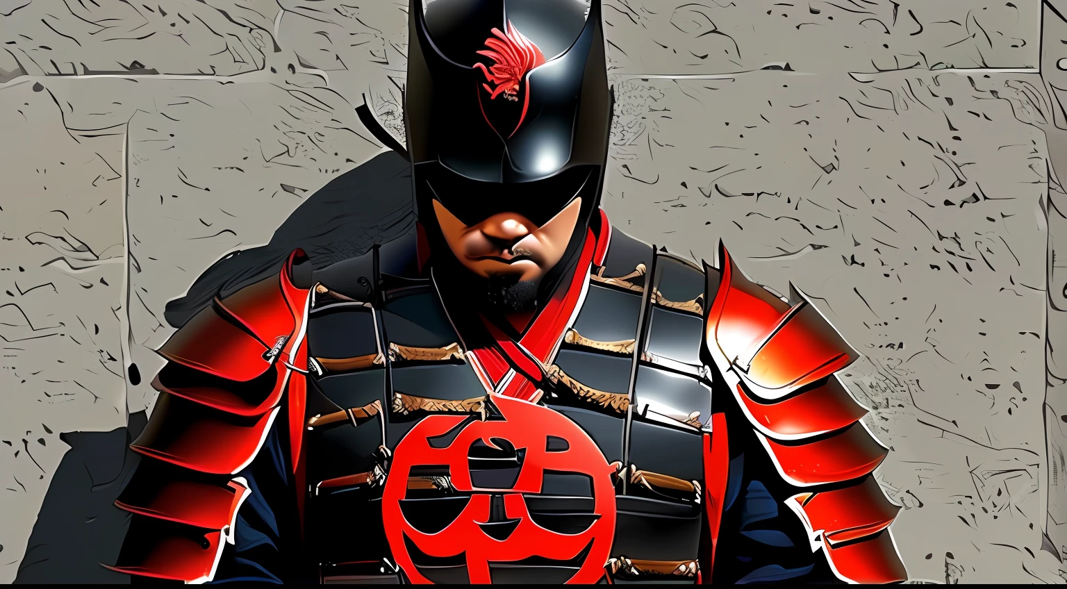 A villain in black and red samurai armor, decorada com elementos tradicionais japoneses. His hands cast shadows that resemble iconic symbols of Japanese culture, como a cerejeira em flor. Seus olhos brilham com uma intensidade sombria.