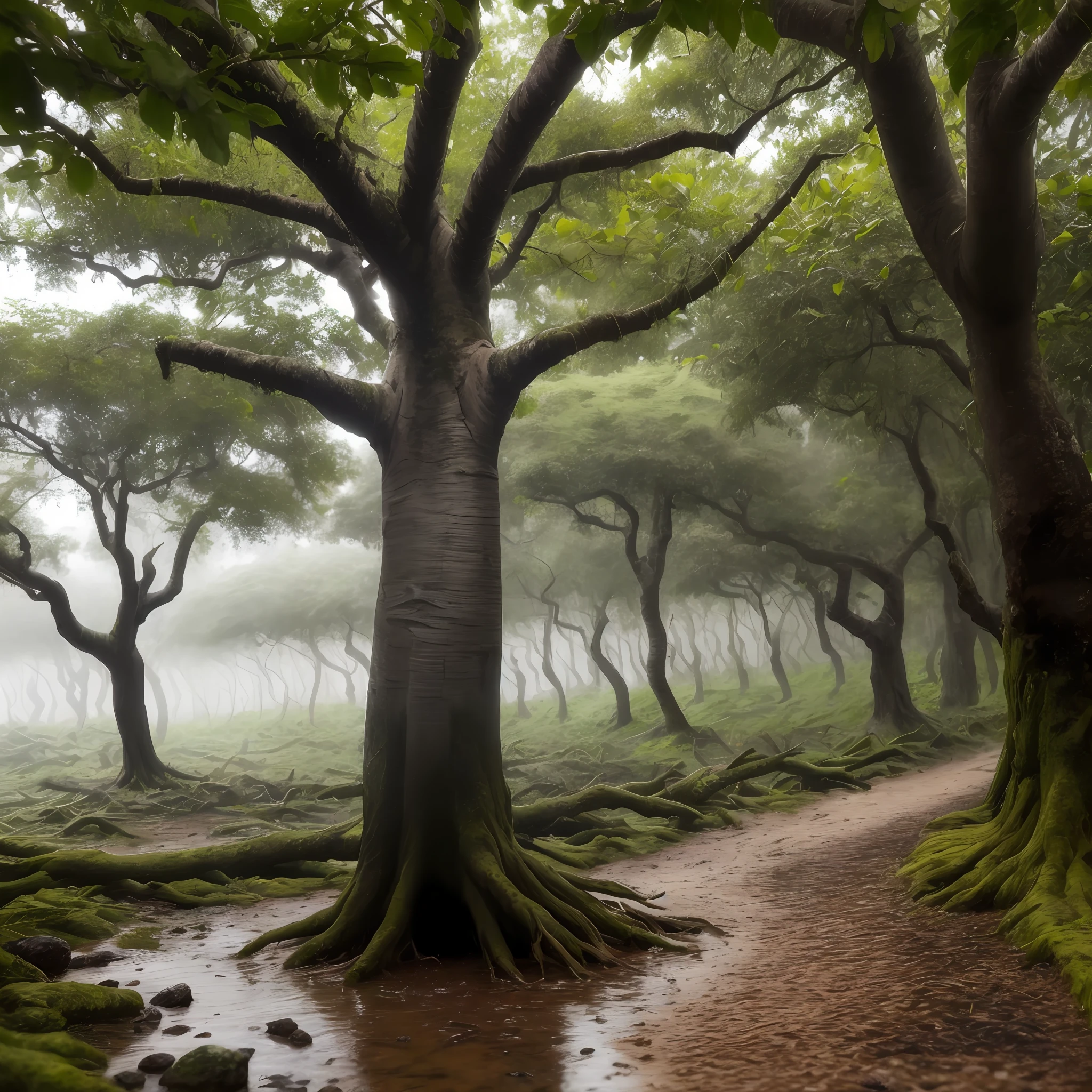 Tronco de madeira, chuva caindo