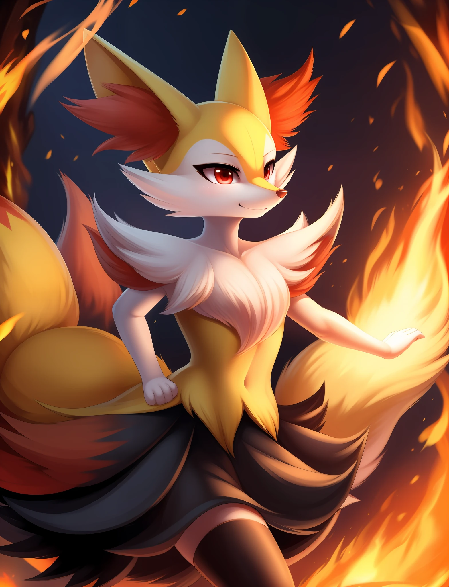 1girl, masterpiece, best quality, braixen, pokemon, yellow fox,  detailed, short muzzle, fluff ears, big tail, [red eyes], detailed eyes, fire background, dynamic pose, fox ears, fox tail, yellow black skirt