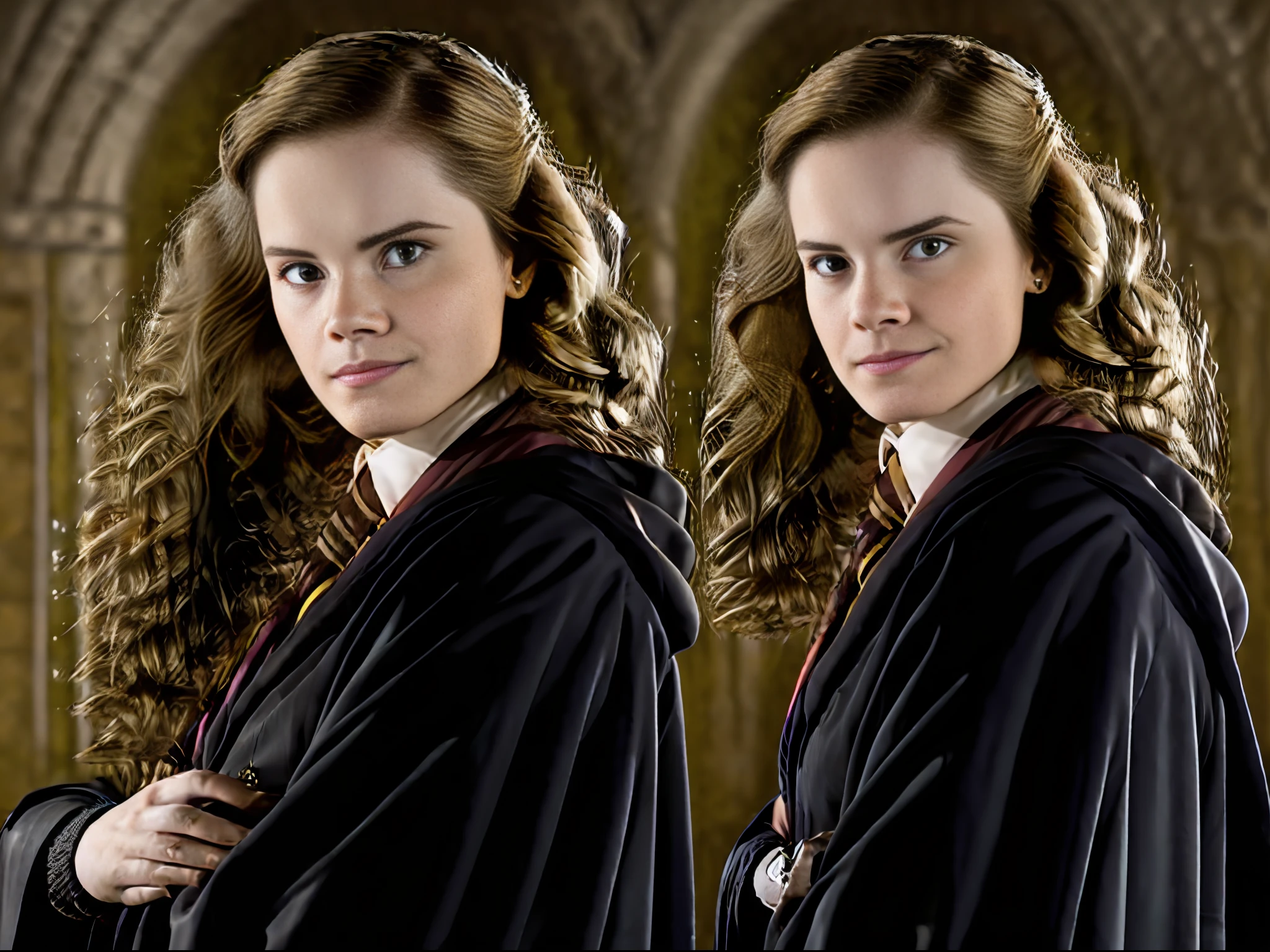 a woman in a harry potter robe posing for a picture with her hands on her hips and her hair in a ponytail