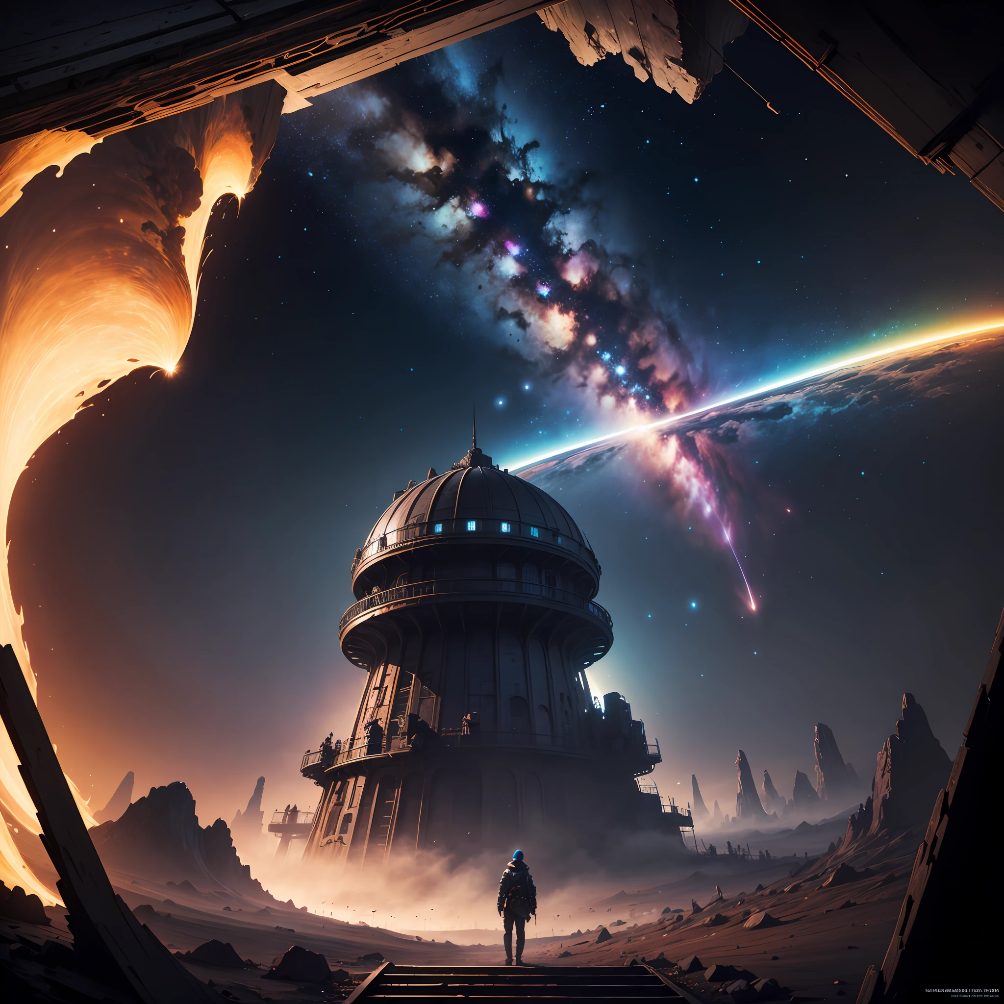 ((best quality)), ((masterpiece)), (high detail), (highres), 8k, staring up into the infinite length of the universe, endless galaxies, , dangerous black holes, exploding super novas, floating stars, endless staircases, star nebulas, cinematic atmosphere, negative dark mode, mc escher, art by senseijaye, matrix atmosphere, digital code swirling, matte painting --auto