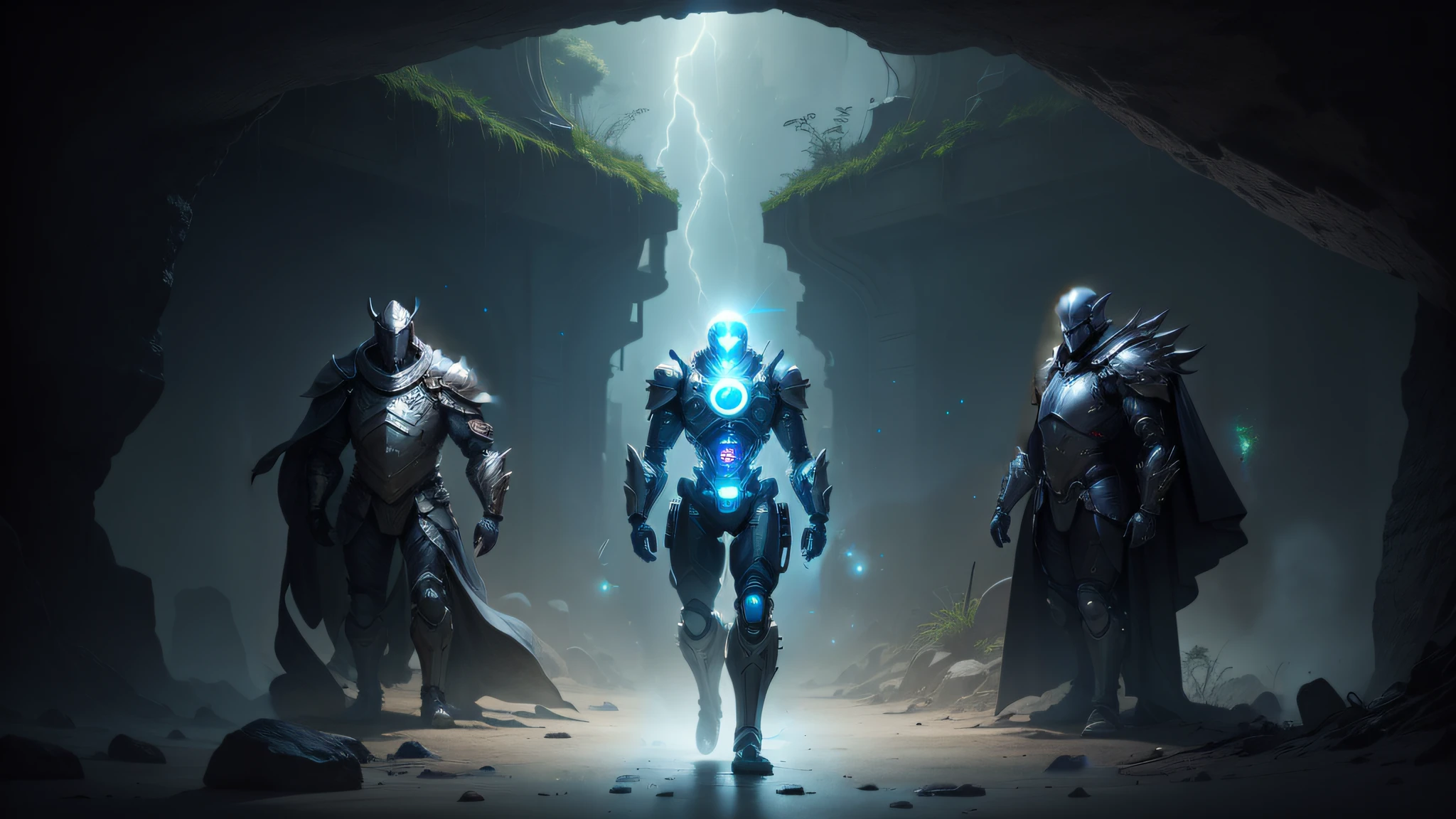 Generate image variations in the selected parts that complement "Ultra-realistic image of 3 wise men in cybernetic armor, equal size ratio between them, Detailed face and matrix-style codes floating like particles." --auto