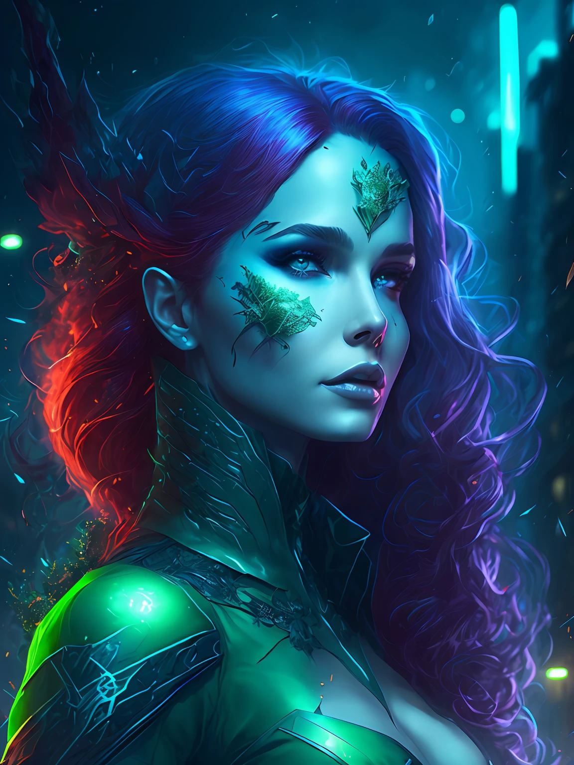 there is a woman with a green mask and green feathers, hyperdetailed fantasy character, detailed matte fantasy portrait, Estilo Fantasy 8 K Octano Render, fantasy art behance, Renderizado 3D de arte de personajes 8 k, 4 k detail fantasy, Render Art Nouveau Octane, Arte digital 4K altamente detallado, cinematic goddess close shot, Tendencias en ArtStation 4K, cyberpunk enojado precioso druida