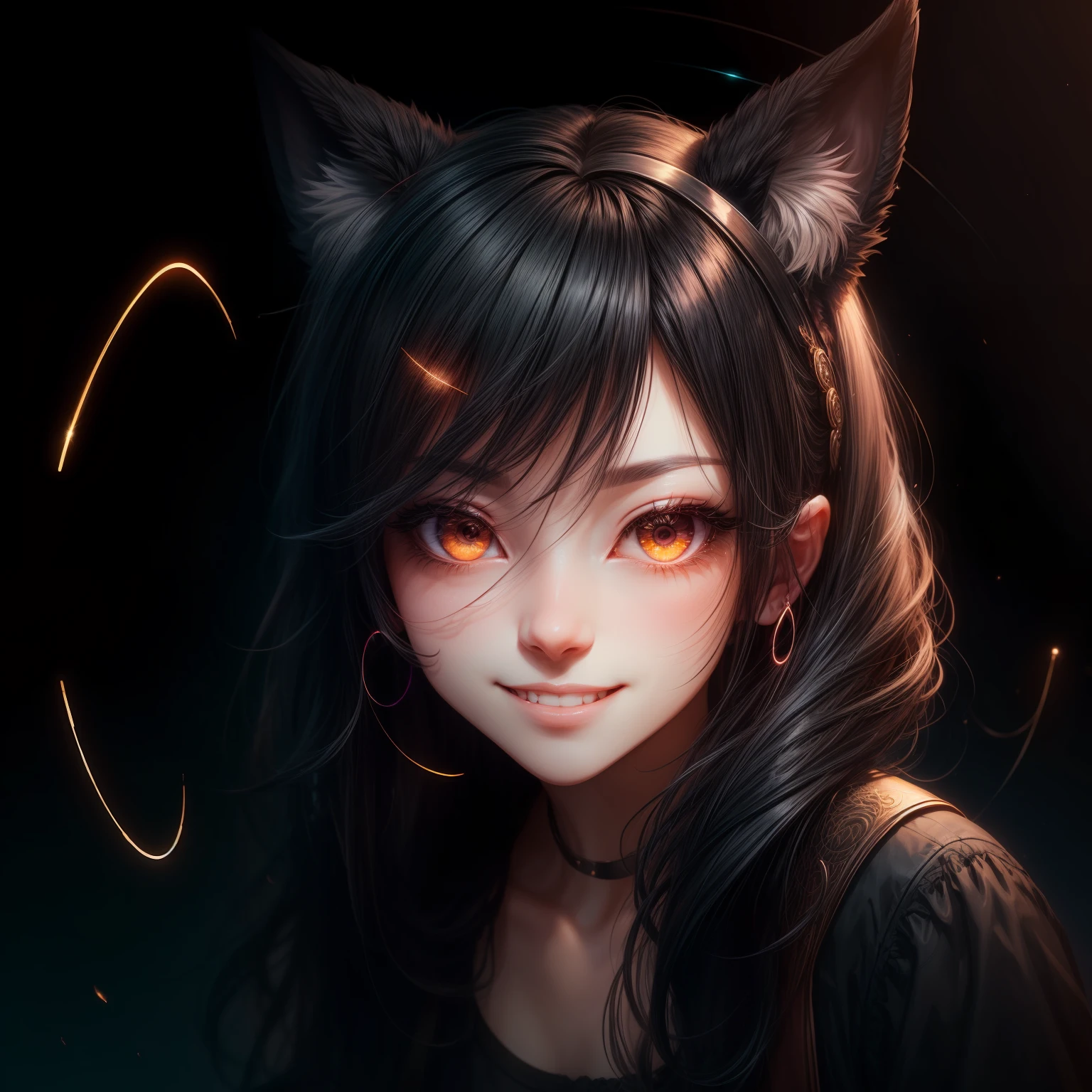 black hair, hair bobbles, wince, longeyelashes, solid circle eyes, fake animal ears, light smile, ear blush, fang, Surrealism, drop shadow, anaglyph, stereogram, tachi-e, pov, atmospheric perspective, 8k, super detail, ccurate, best quality --auto
