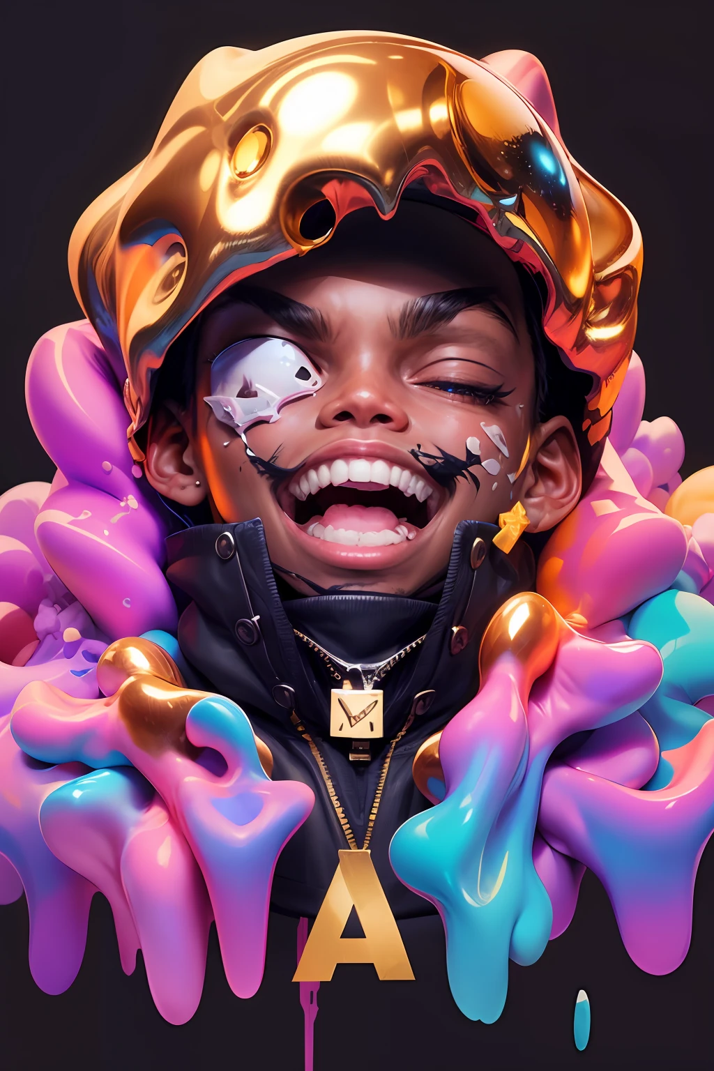 "((masterpiece)), best qualified, Black Moor Caramel skin Rapper Hip Hop Hoodlem From the Urban Community with Cornrows French Braid Instagram Hair stylist, Masculin Baggy Cloths, Urban Streetwear (((BOys in the Hood Menace II:1.3))) society gold teeth gold Grill Diamond neckace jewelry Angry Synical Grin SMile Ear to Ear:1.2 vector logo Brand letters N A L as a comic book Hero, Anime Comic Book Cover::1 , Instagram Hair Stylist, (((Instagram Barber)))crazy colors of shiny plastic film, with steam wave, chartreuse, clear color, fritillary light, super detail, light filled composition, dreamy composition, y2k aesthetic, lightning, 32k, Trending on Artstation, super detailed, intricate face, octane render, blender, masterpiece, best quality, \(color Ink wash painting:1.1\),\(ink splashing:1.1\),\(color splashing:1.1\),\(colorful:1.16\), \(watercolor:1.16\), soft lighting, digital painting, artstation, concept art, smooth, sharp focus,art by ross tran and greg rutkowski and alphonse Mucha and Bak Karol, unreal engin 5,octane render,\(2D:1.2\), limited palette flat color, light and space, a wide variety of pastel shades, All in high definition and detail, deep space, stars, galaxies, colorful space rocks, a lot of energy and emotion!"