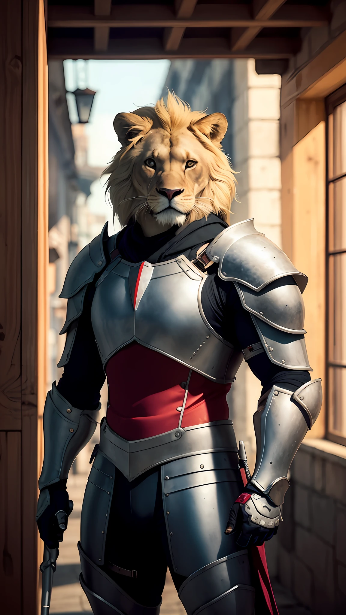 Anthropomorphic Lion Knight::3 Retrato, (obra-prima: 1.5), (melhor qualidade), (fotorrealista:1.6), 8k, (textura de pele detalhada), detalhes intrincados, (ultra detalhado: 1.6), armadura finamente detalhada, design intrincado, prata, Este, cinematographic lighting, - --beta --upbeta --upbeta