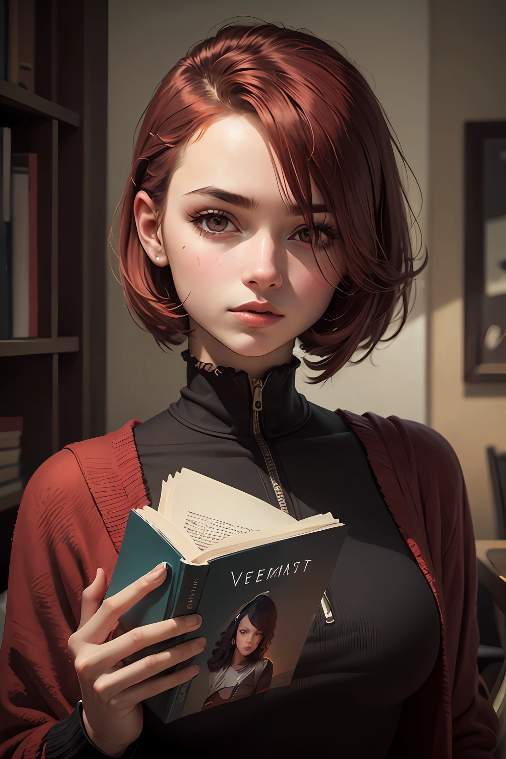 um retrato de uma jovem mulher com cabelos castanho-vermelhos segurando um livro, arte da capa, arte por Alastair Reynolds