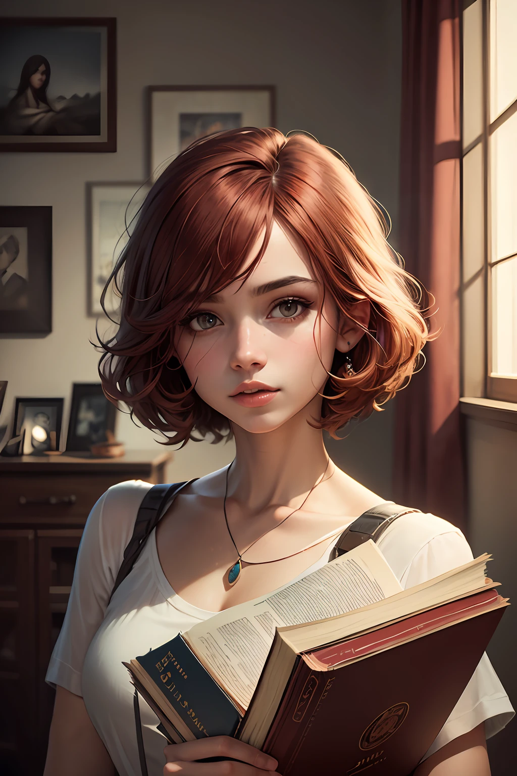 um retrato de uma jovem mulher com cabelos castanho-vermelhos segurando um livro, arte da capa, arte por Alastair Reynolds