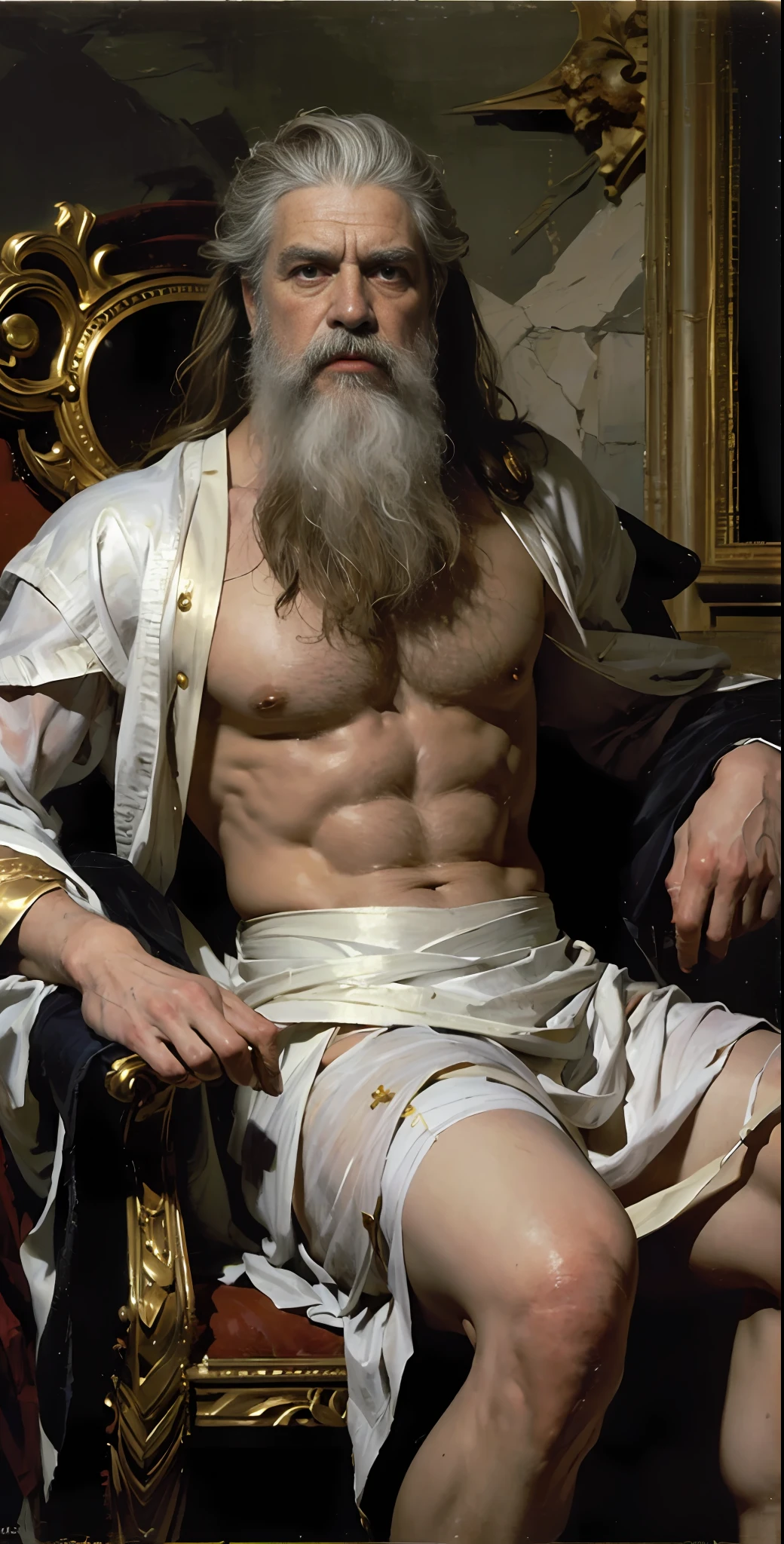 ((Masterpiece)), Painting of Zeus, the Greek god of thunder, a masculine and magnificent appearance with a majestic and commanding presence, a tall and strong man with a chiseled physique, long white hair and beard, handsome face, radiant eyes with deep gaze, wears a long and flowing white robe, he is seated on his throne with a sage pose, scene in a Greek temple, painting by Christophe Vacher, realistic oil, classical realism