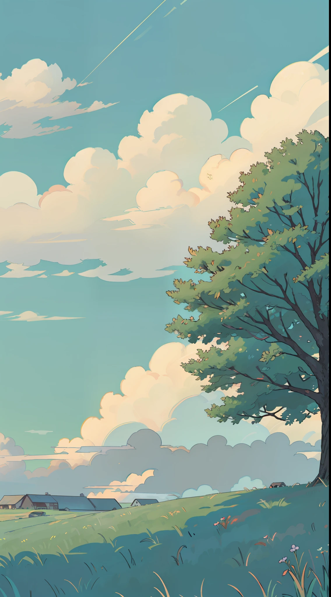 A Masterpiece，the best quality t，high qualit，prairie，grass，Tress，Clouds，Small day，sunbeam，Clouds，Clean blue sky