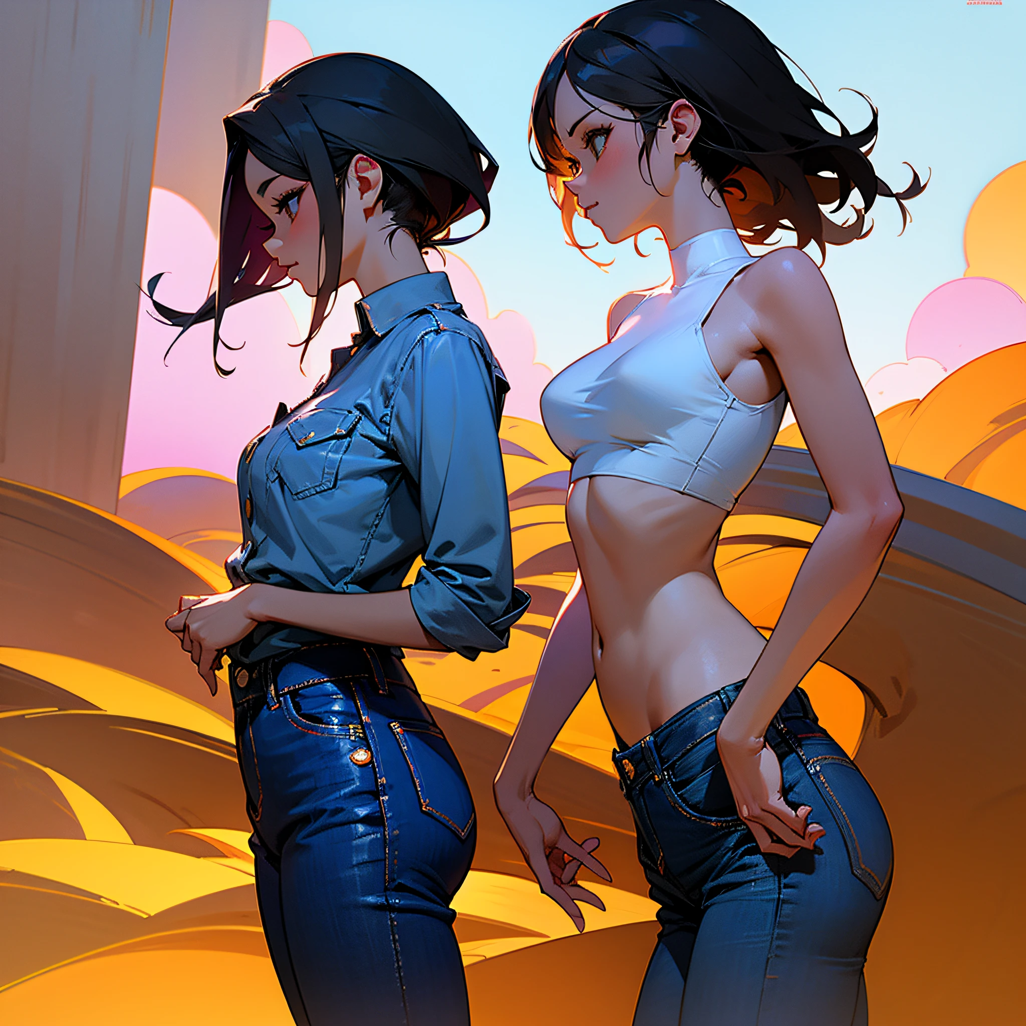 imagine um corpo de uma mulher, in side view, with blue jeans --auto
