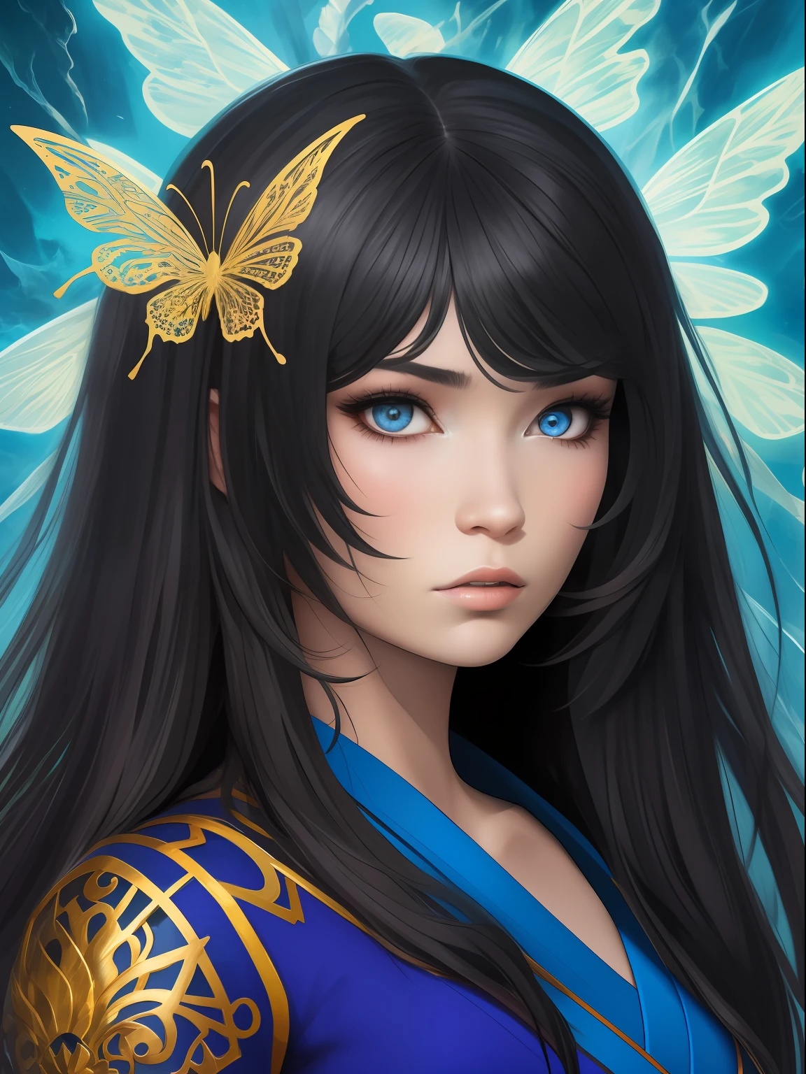 8k fullbudy photo of ager beautiful oriental princess with black hair, intricate, angry face, elegant, highly detailed, blue japanese clothes, majestic, digital photography, art by artgerm and ruan jia and greg rutkowski surreal painting gold butterfly filigree, broken glass, (masterpiece, sidelighting, finely detailed beautiful eyes: 1.2), hdr, casting a spell