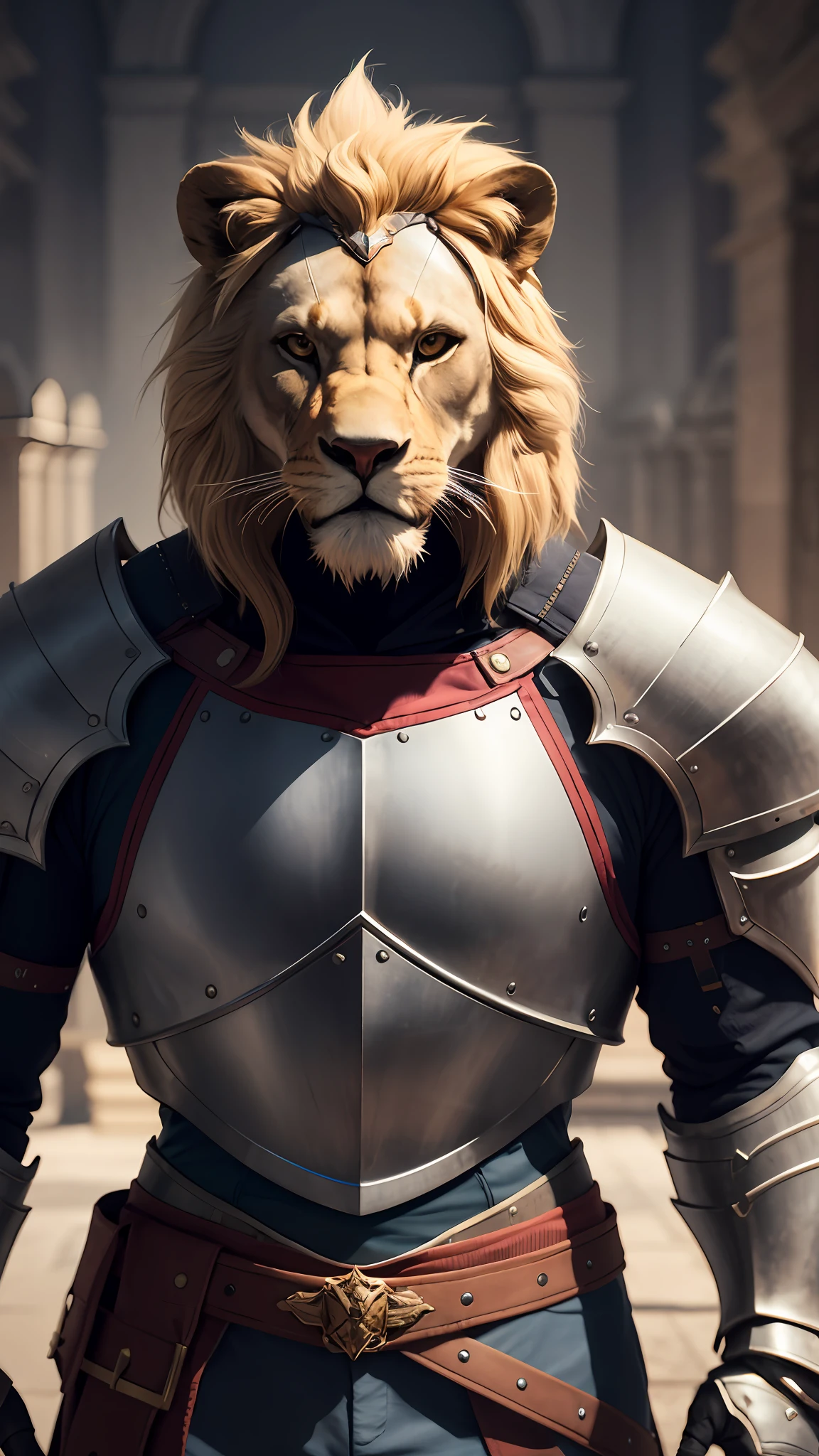 Anthropomorphic Lion Knight::3 Retrato, armadura finamente detalhada, design intrincado, prata, Este, cinematographic lighting, 4k, - --beta --upbeta --upbeta