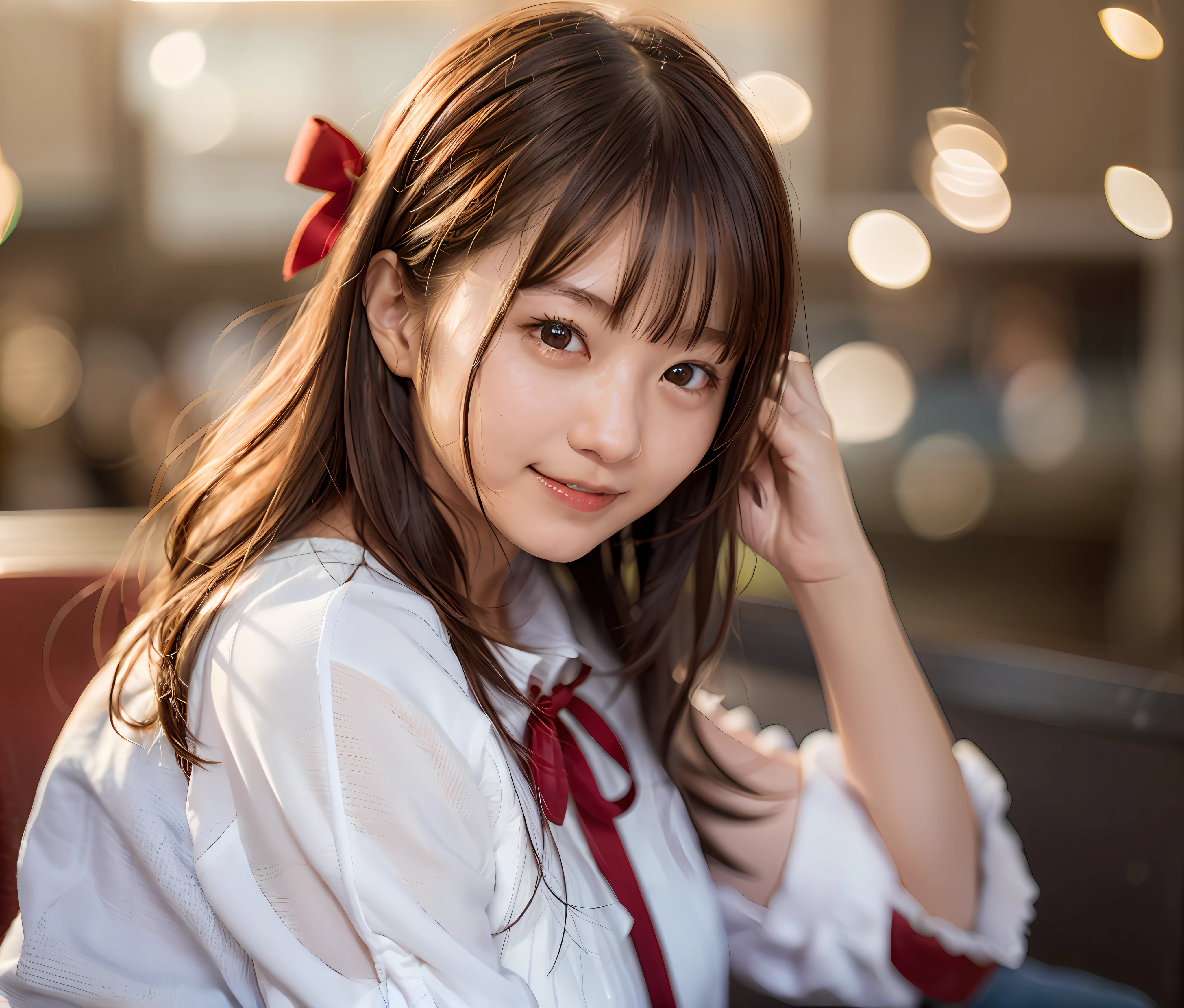 Girl sitting on the bus, Gwaitz style, beautife High School Girls, guweiz, The girls, Two Beautiful Girls, 4 k, realistic 3 d style, Live Action、Realstic、a Pretty、(anextremelydelicateandbeautiful:1.2) The girls、Bangs、Blue Eye、Blurry、background blurred、ribbons、Brown hair、With mouth closed、from side、Hair between both eyes、Hair ribbon、Lantern、Particles of light、sleeved、Summer clothes、Watching your audience、Medium hair、night、Red ribbon、solo、star\ (Symbols\)、Sorrisos、Red lips、Blurred background,Real live
